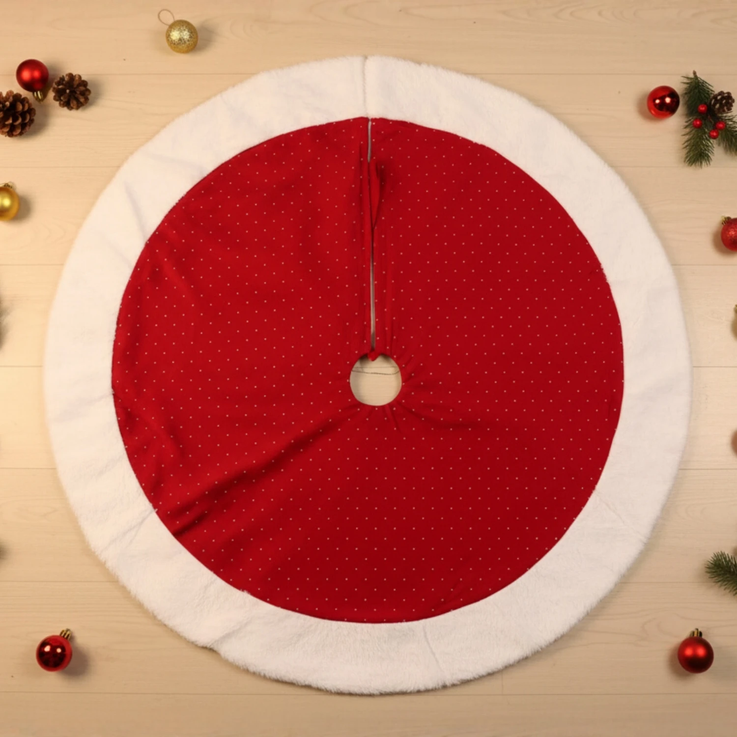 Red Christmas Tree Skirt with Polka Dot White Fur Trim Velvet Double Layered