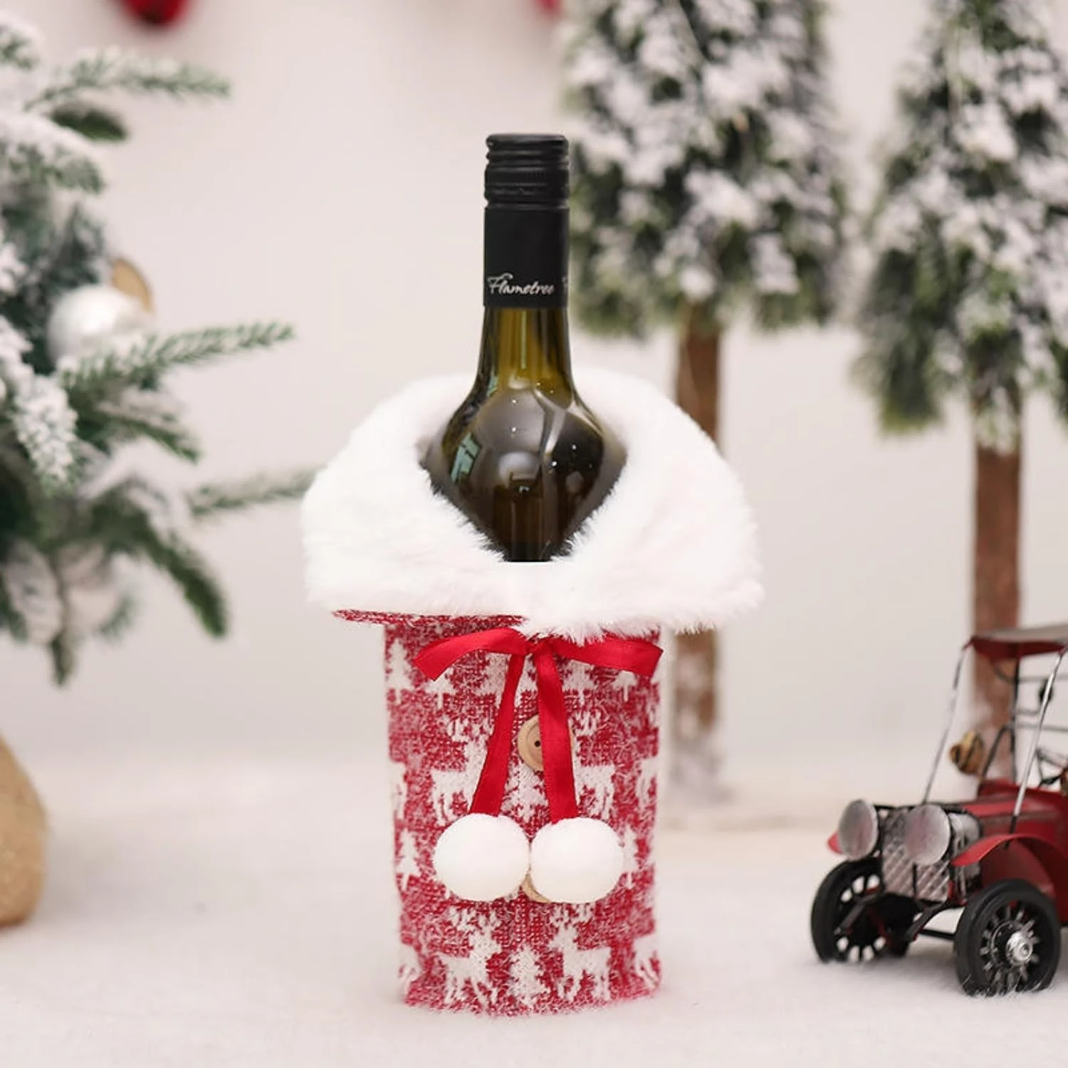 Christmas Wine Bottle Cover Bag with Faux Fur Collar & Pom-Poms