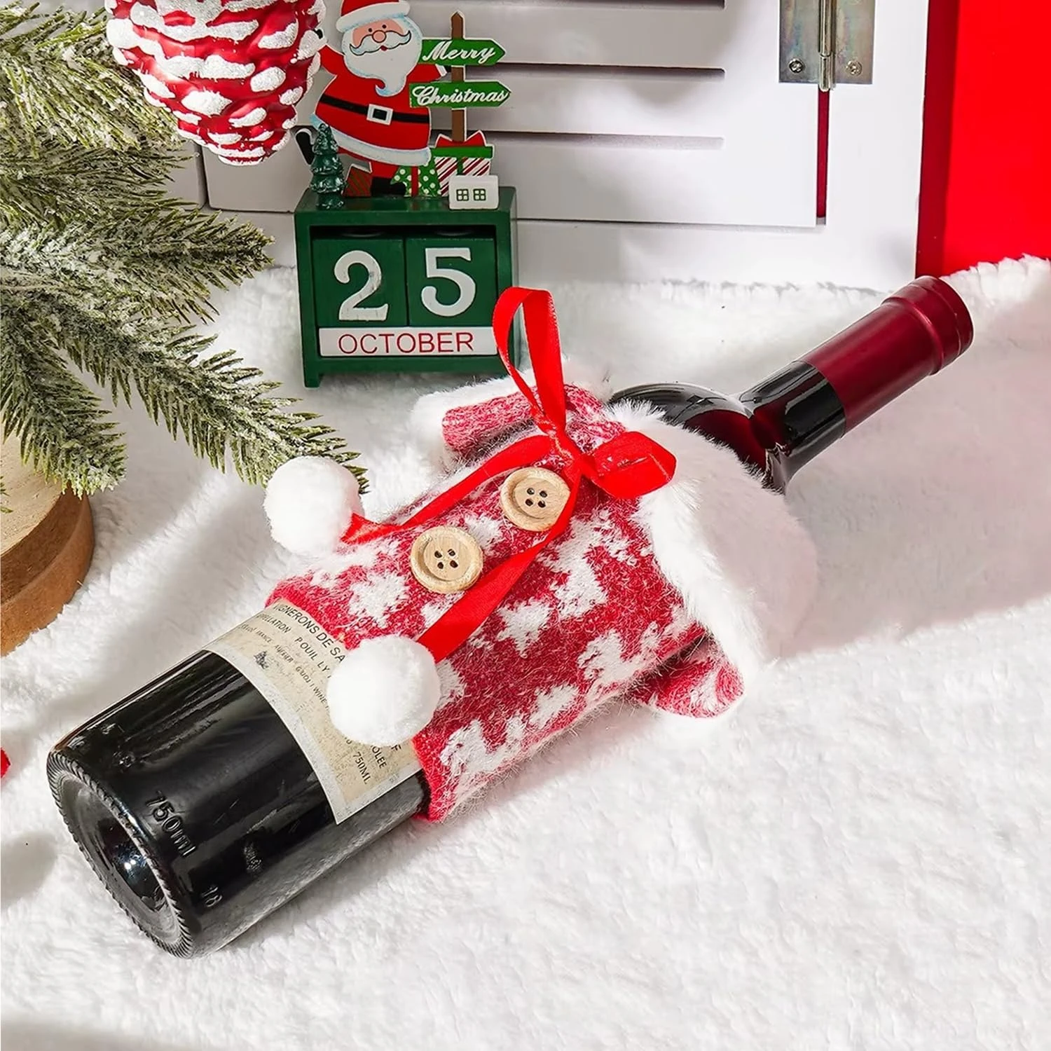 Christmas Wine Bottle Cover Bag with Faux Fur Collar & Pom-Poms - Image 2