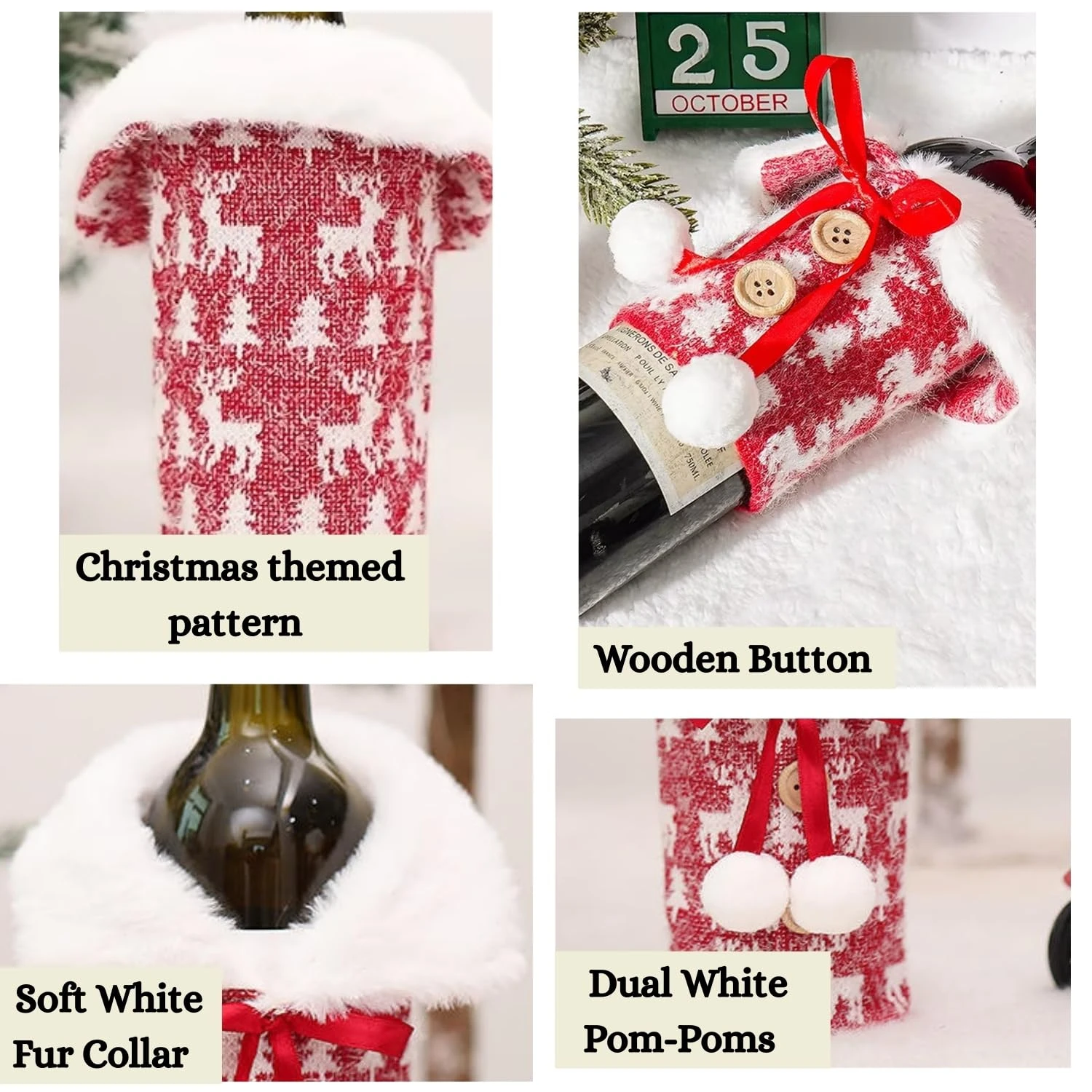 Christmas Wine Bottle Cover Bag with Faux Fur Collar & Pom-Poms - Image 4