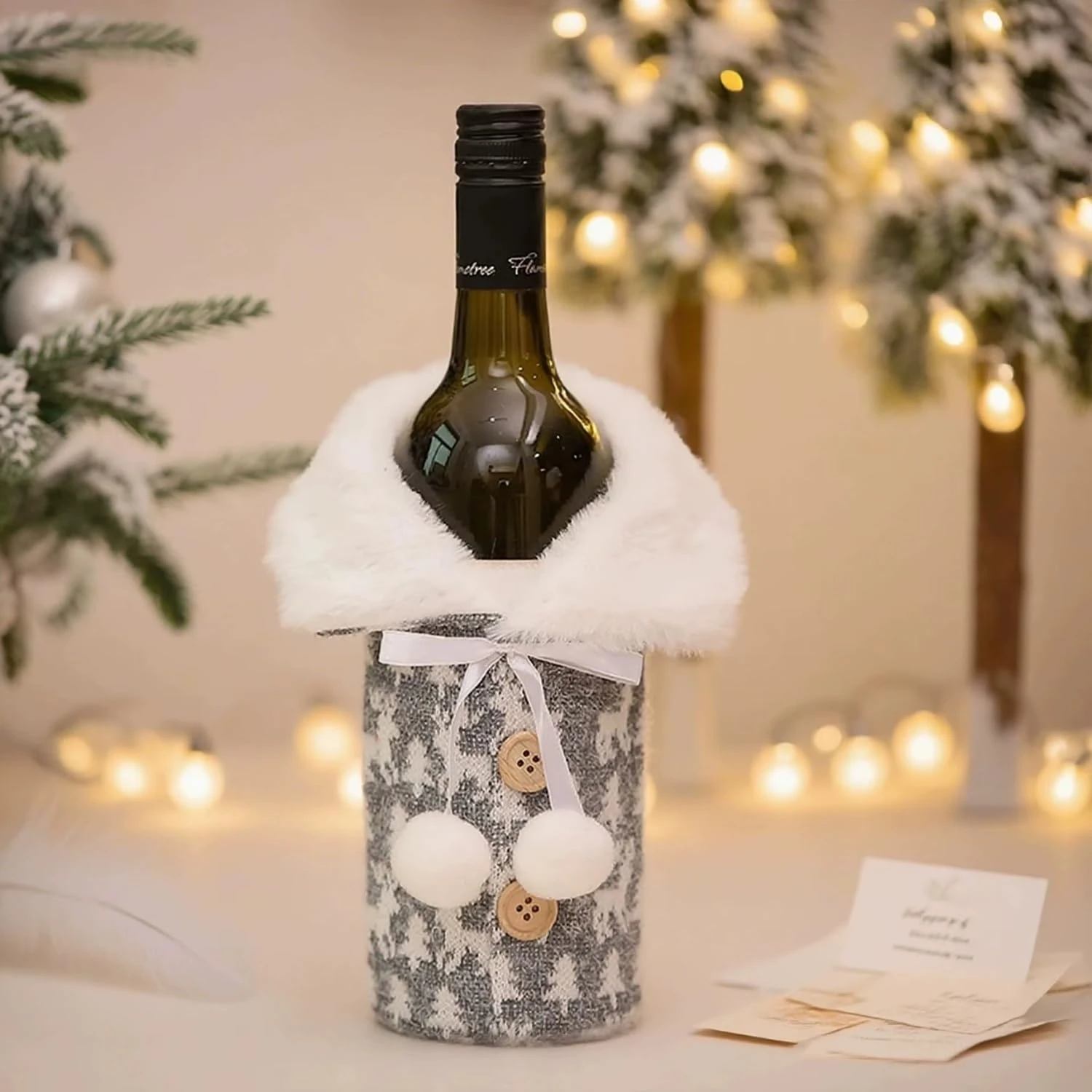 Christmas Wine Bottle Cover Bag with Faux Fur Collar & Pom-Poms(Multicolor)