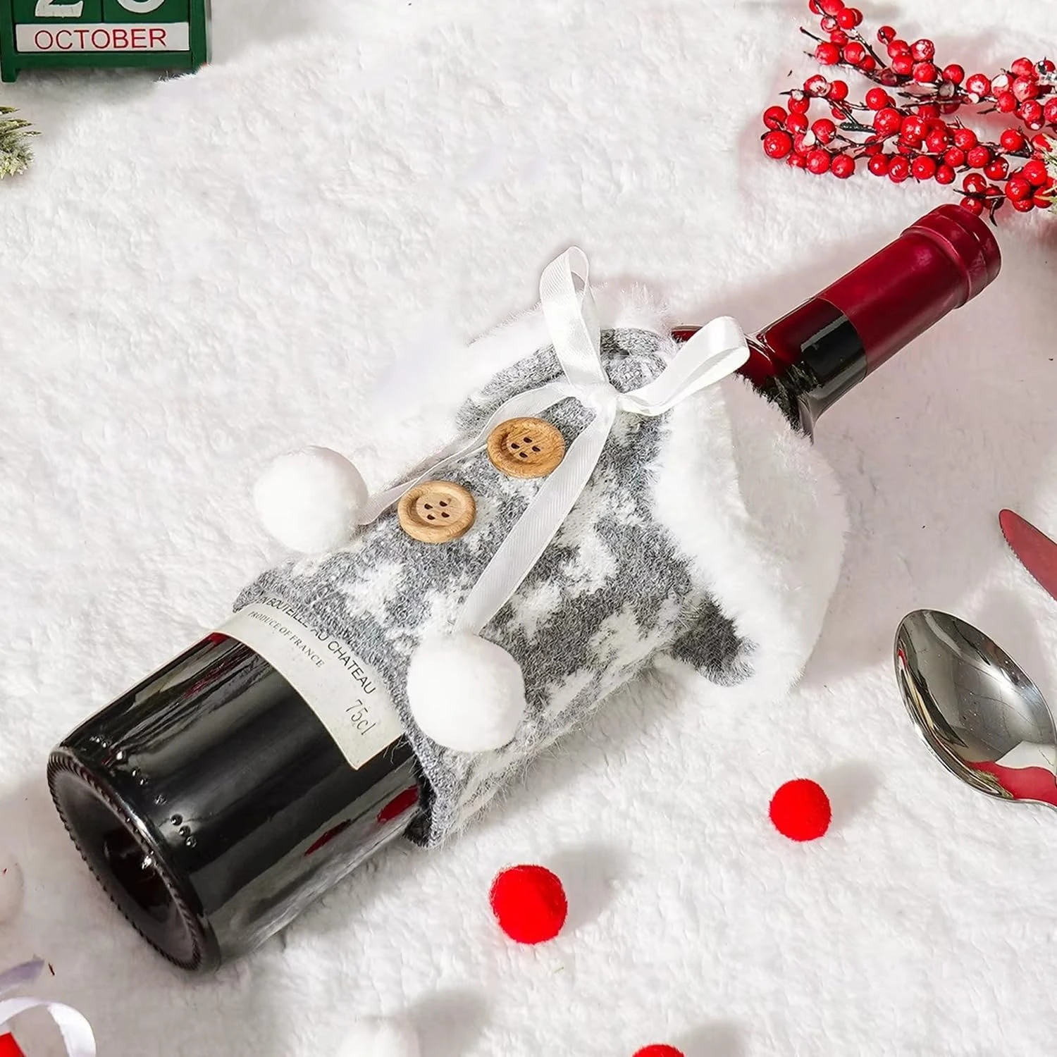 Christmas Wine Bottle Cover Bag with Faux Fur Collar & Pom-Poms(Multicolor) - Image 4