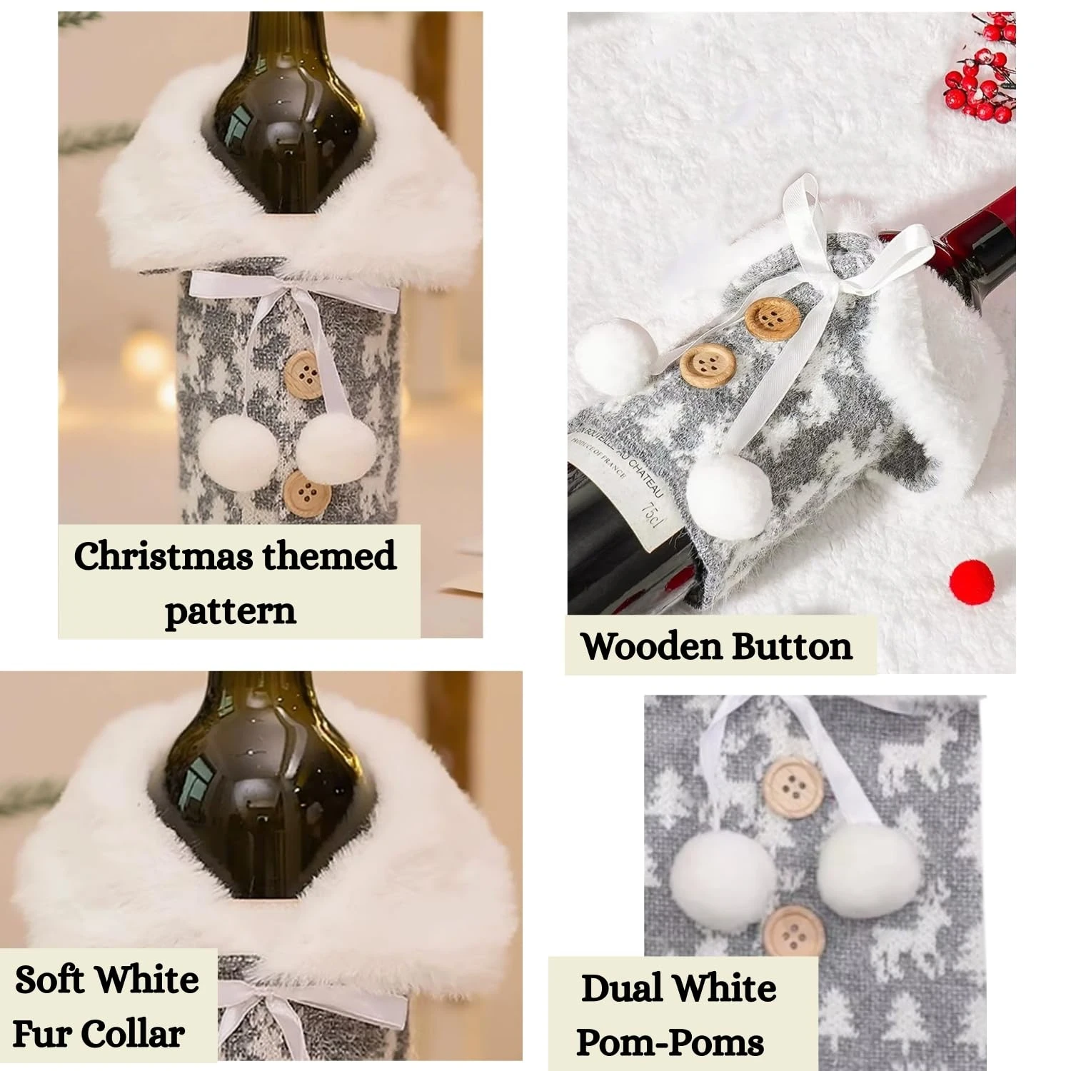 Christmas Wine Bottle Cover Bag with Faux Fur Collar & Pom-Poms(Multicolor) - Image 3