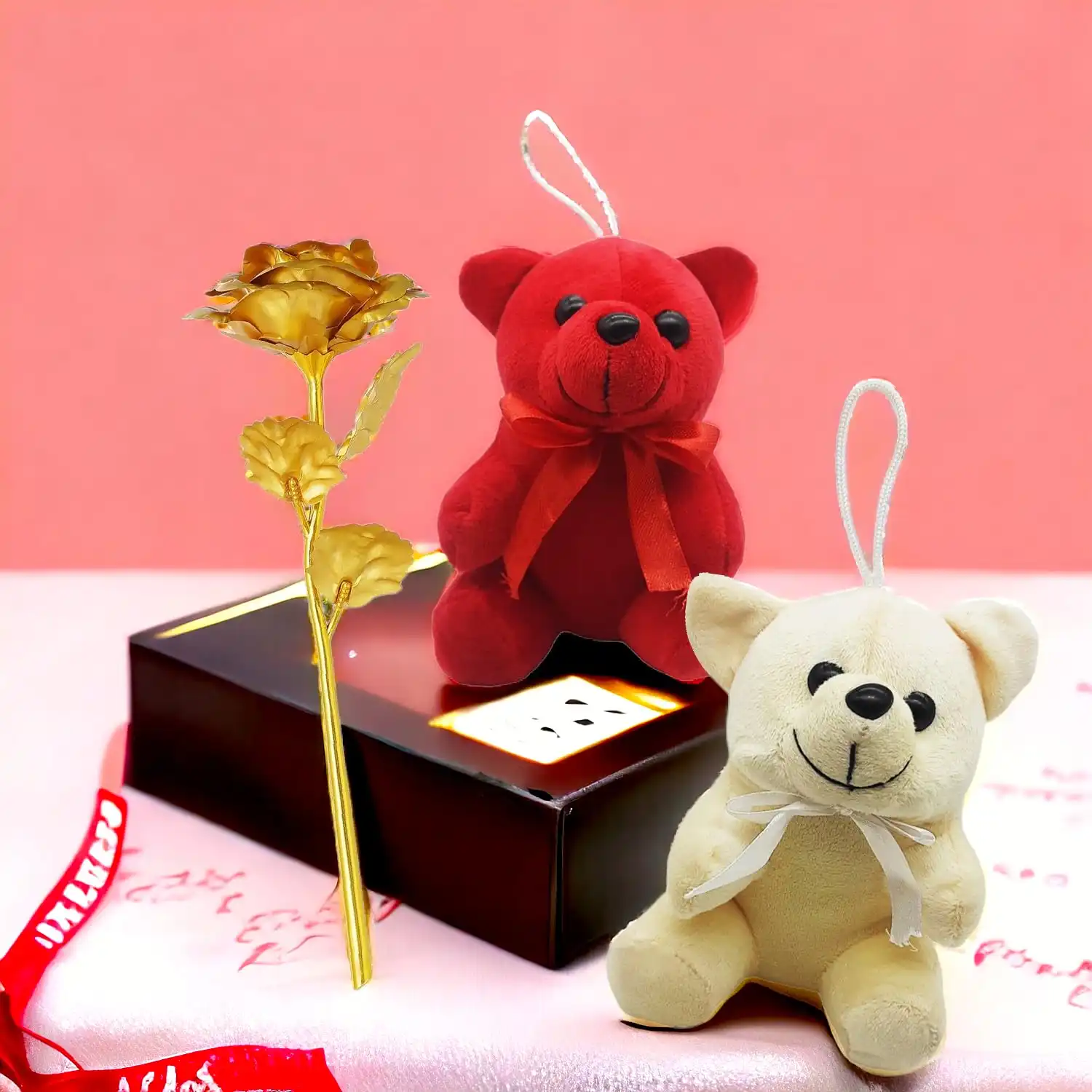 ascension Valentine's Day Gift Combo Gift for Girlfriend Boyfriend Husband Wife Golden Rose with 2 Small Cute Teddy Bear for Valentines Rose and Teddy Bear for Gifts