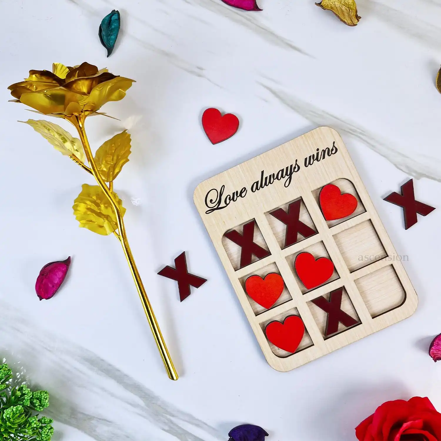 ascension Valentine Gift Combo Set Golden Rose with 3D Tic Tac Toe Game Gift for Girlfriend Boyfriend Romantic Combo Set for Valentine's Day Gifts for Couples Valentine's Day Gifts