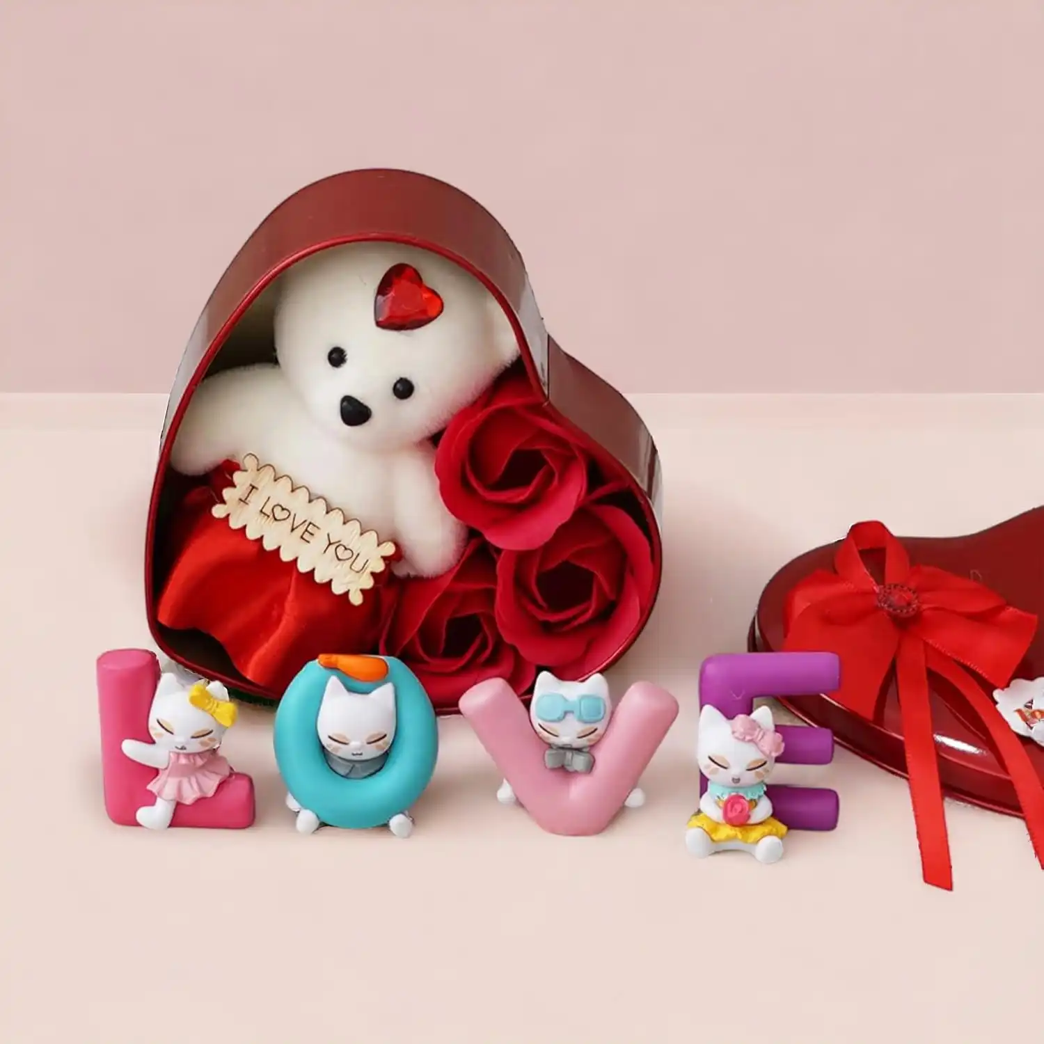 ascension Valentine Day Gift Box Valentine Gift Combo Set of Heart Shape Teddy Gift Box with Love Animated Characters Showpiece Gift for Girlfriend Boyfriend Him Her
