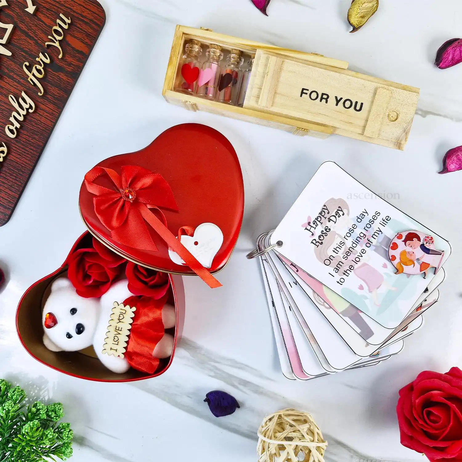 Ascension Valentine Day Gift Box Valentine Gift Combo - Message Bottles Set, Teddy Gift Box with 7 Days 3D Card