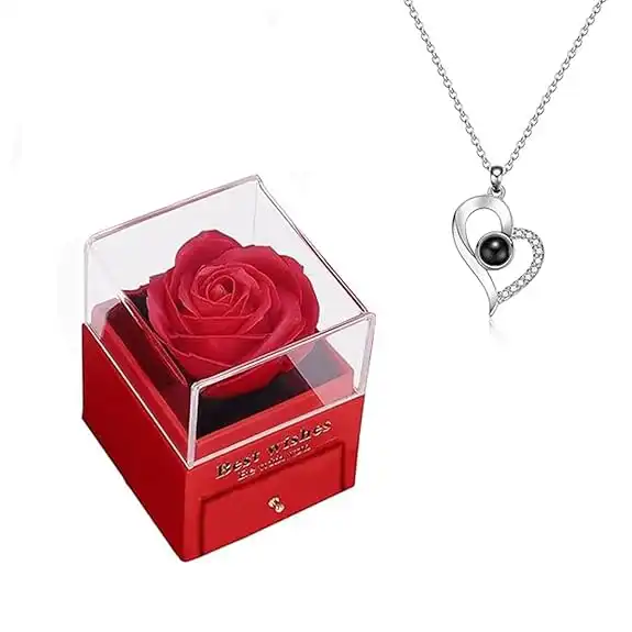 ascension Valentines Day Necklace Eternal Rose Gift Box with Heart Pendant Necklace Fresh Rose Gift for Her on Valentine's Day, Anniversary Necklace for Gifts