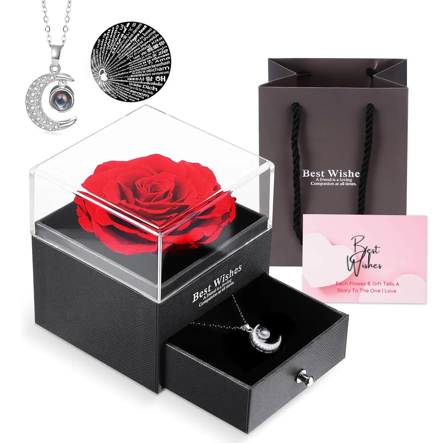 ascension Eternal Rose Gift Box with Moon Necklace Fresh Roses Gift for Girlfriend Boyfriend Newlyweds Rose Flower with Jewelry Storage Box & Necklace for Valentine's Day Anniversary