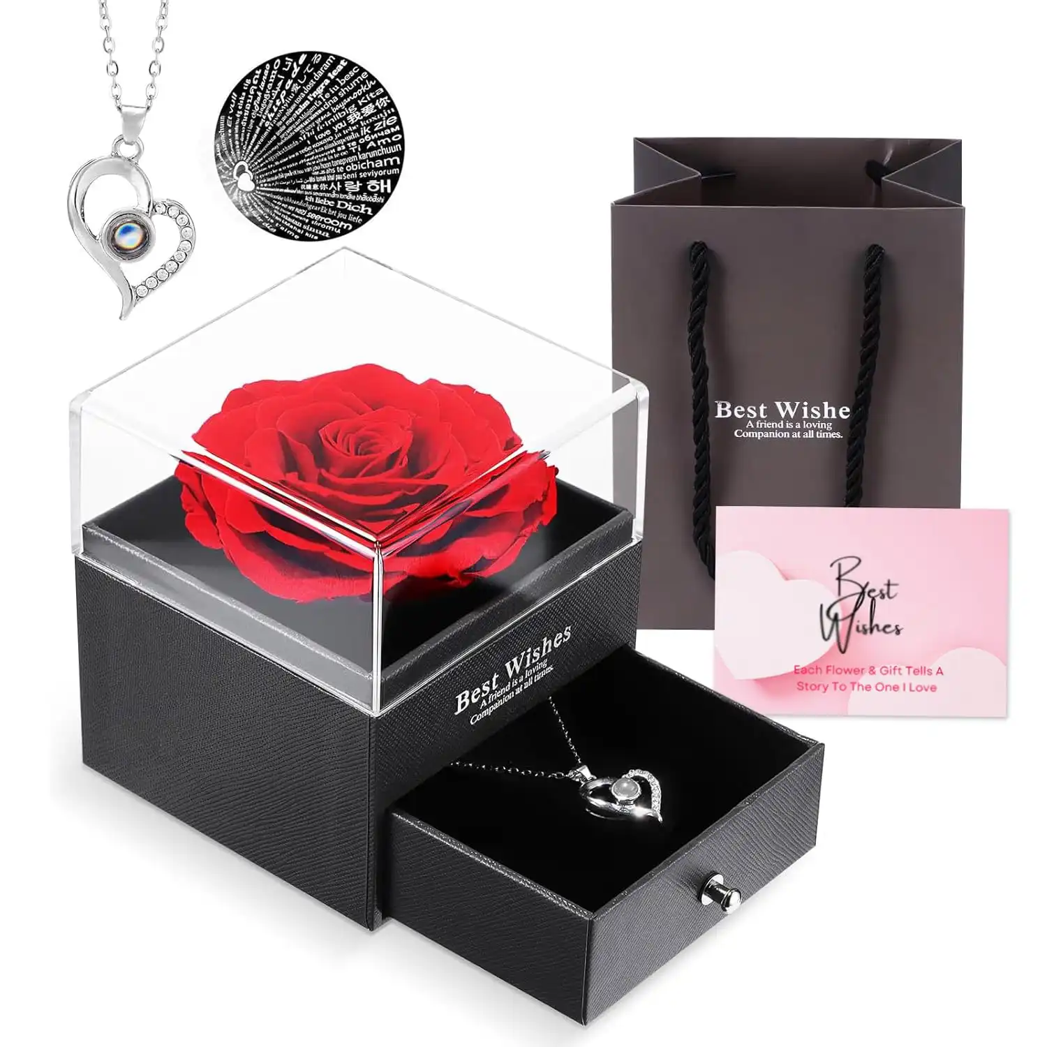 ascension Eternal Rose Gift Box with Heart Necklace Fresh Roses Gift for Girlfriend Boyfriend Newlyweds Rose Flower with Jewelry Storage Box & Necklace for Valentine's Day Anniversary