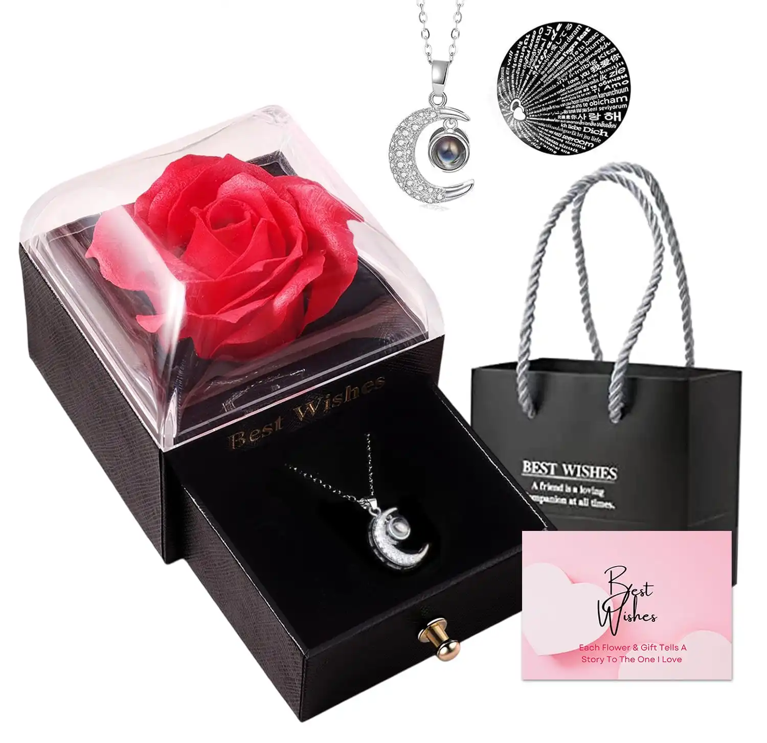 ascension Eternal Rose Gift Box with Moon Necklace Fresh Roses Gift for Girlfriend Boyfriend Newlyweds Rose Flower with Jewelry Storage Box & Necklace for Valentine's Day Anniversary