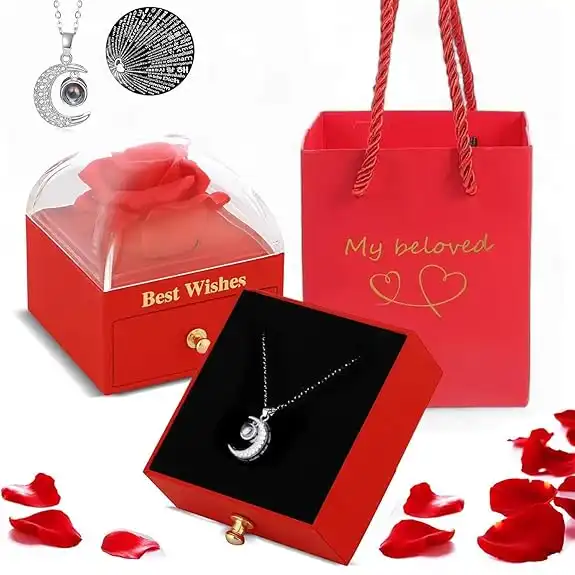 ascension Eternal Rose Gift Box with Moon Necklace Fresh Roses Gift for Girlfriend Boyfriend Newlyweds Rose Flower with Jewelry Storage Box Roses & Nacklace for Valentine's Day Anniversary