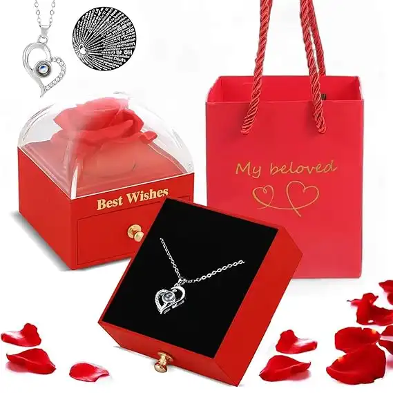 Ascension Eternal Rose Gift Box with Heart Necklace Fresh Roses Box Gift for Girlfriend Boyfriend Newlyweds Rose Flower with Jewelry Storage Box Roses Gift for Valentine's Day Birthday Anniversary