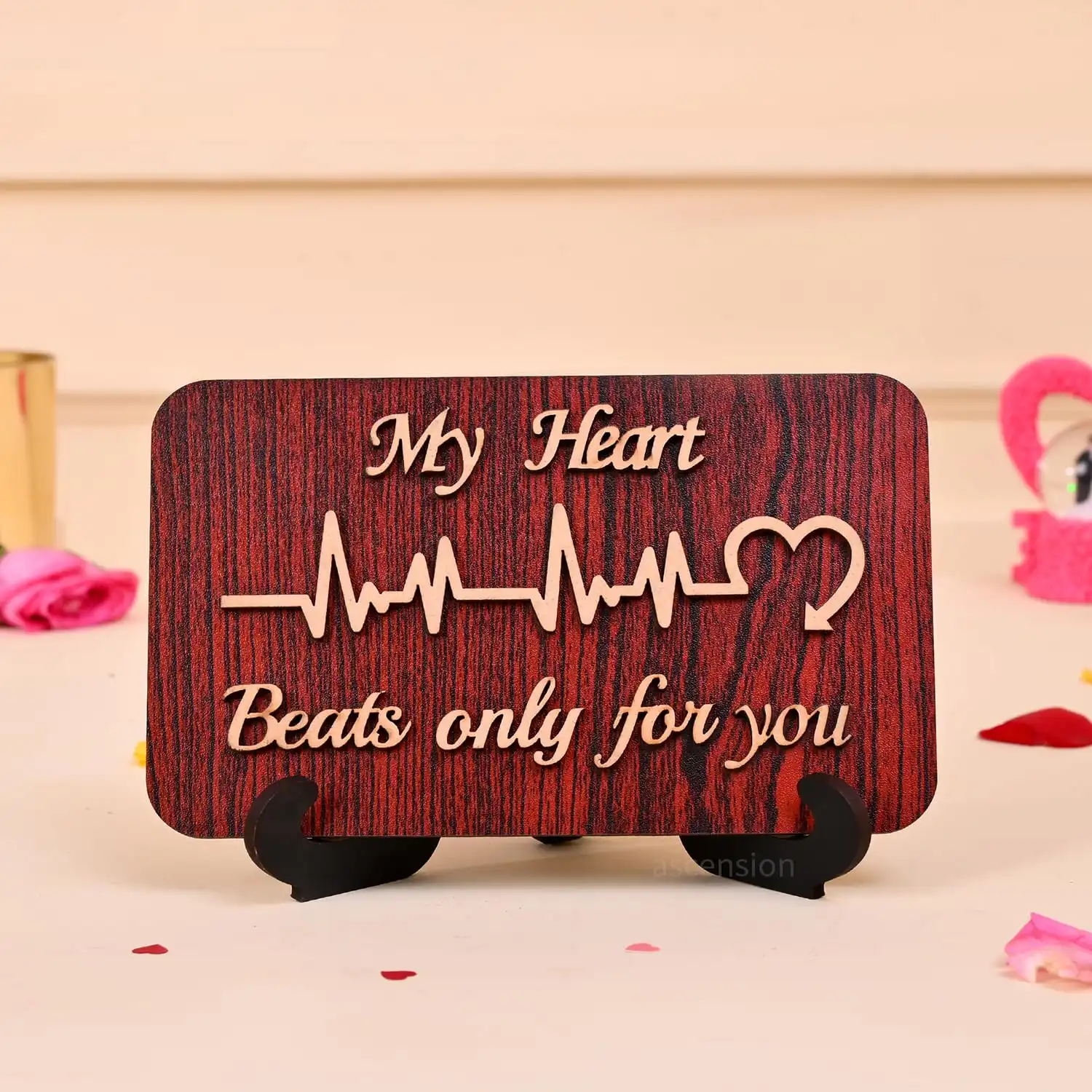 ascension My Heart Beats Only for You Wooden Showpiece with Stand Valentine Day Gifts Valentine Gift for Girlfriend Boyfriend Husband Wife Gifts for Loved Once Valentine Day Decoration Item
