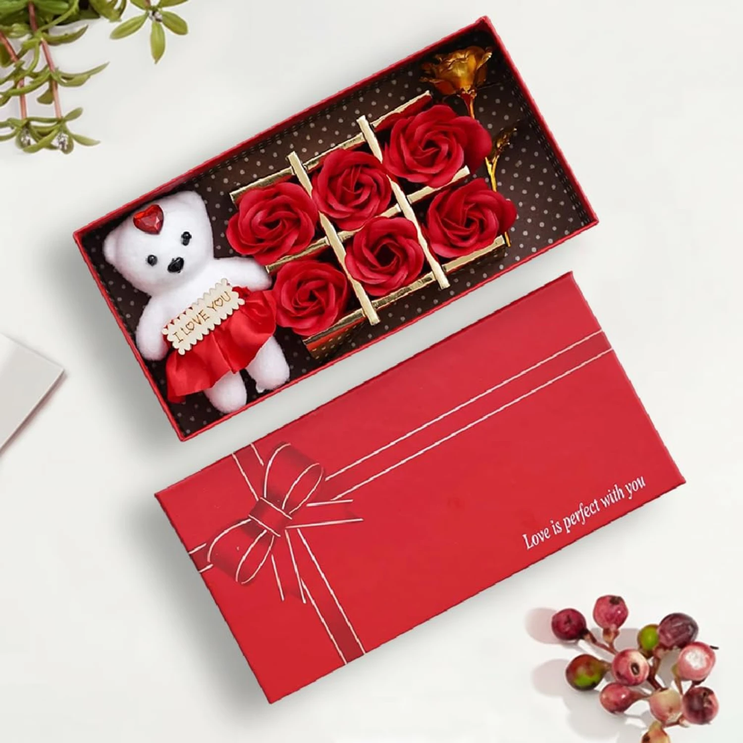 ascension Artificial Flower & Teddy Gift Box Romantic I Love You Bear with Flower & 6 Scented Red Rose Valentine Gifts for Girlfriend Boyfriend