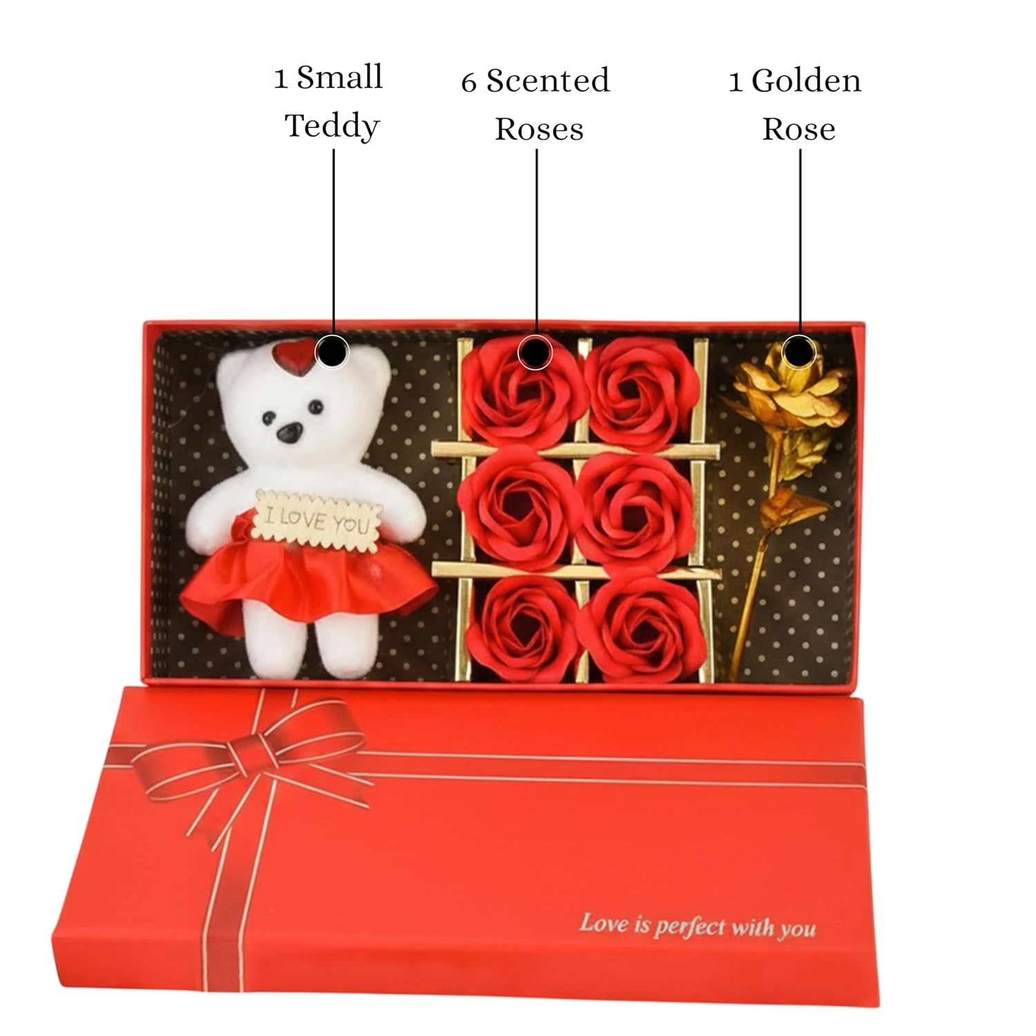ascension Artificial Flower & Teddy Gift Box Romantic I Love You Bear with Flower & 6 Scented Red Rose Valentine Gifts for Girlfriend Boyfriend - Image 5