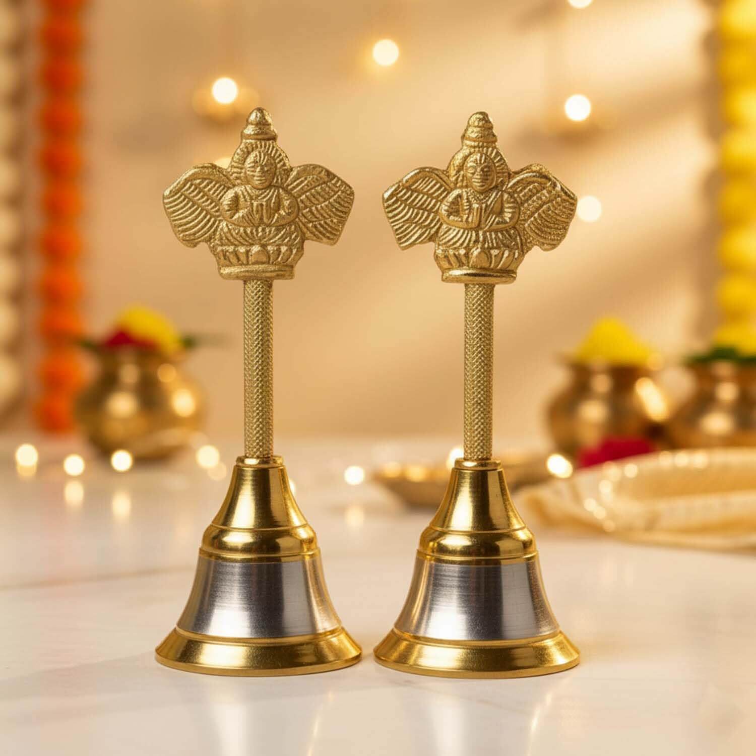 Ascension Traditional Metal Puja Bell with Garuda Design (Pack of 2)