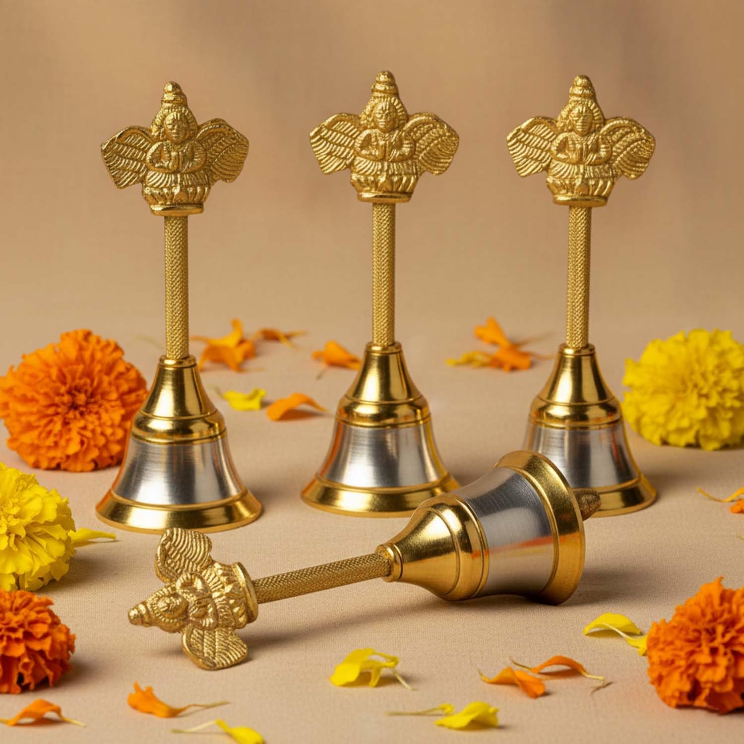 Ascension Traditional Metal Puja Bell with Garuda Design (Pack of 4)