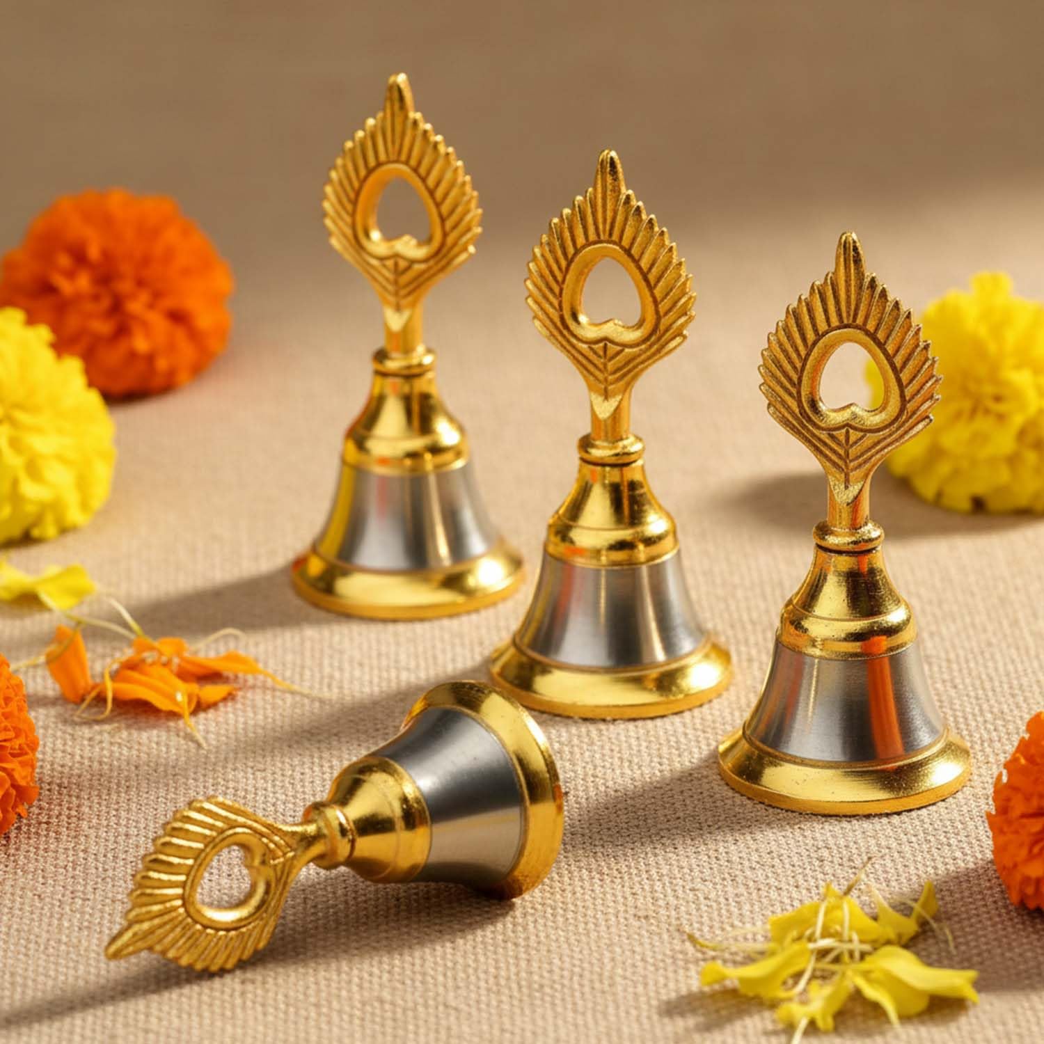 Ascension Pooja Bell for Mandir & Puja Room (Golden) (Pack of 4)