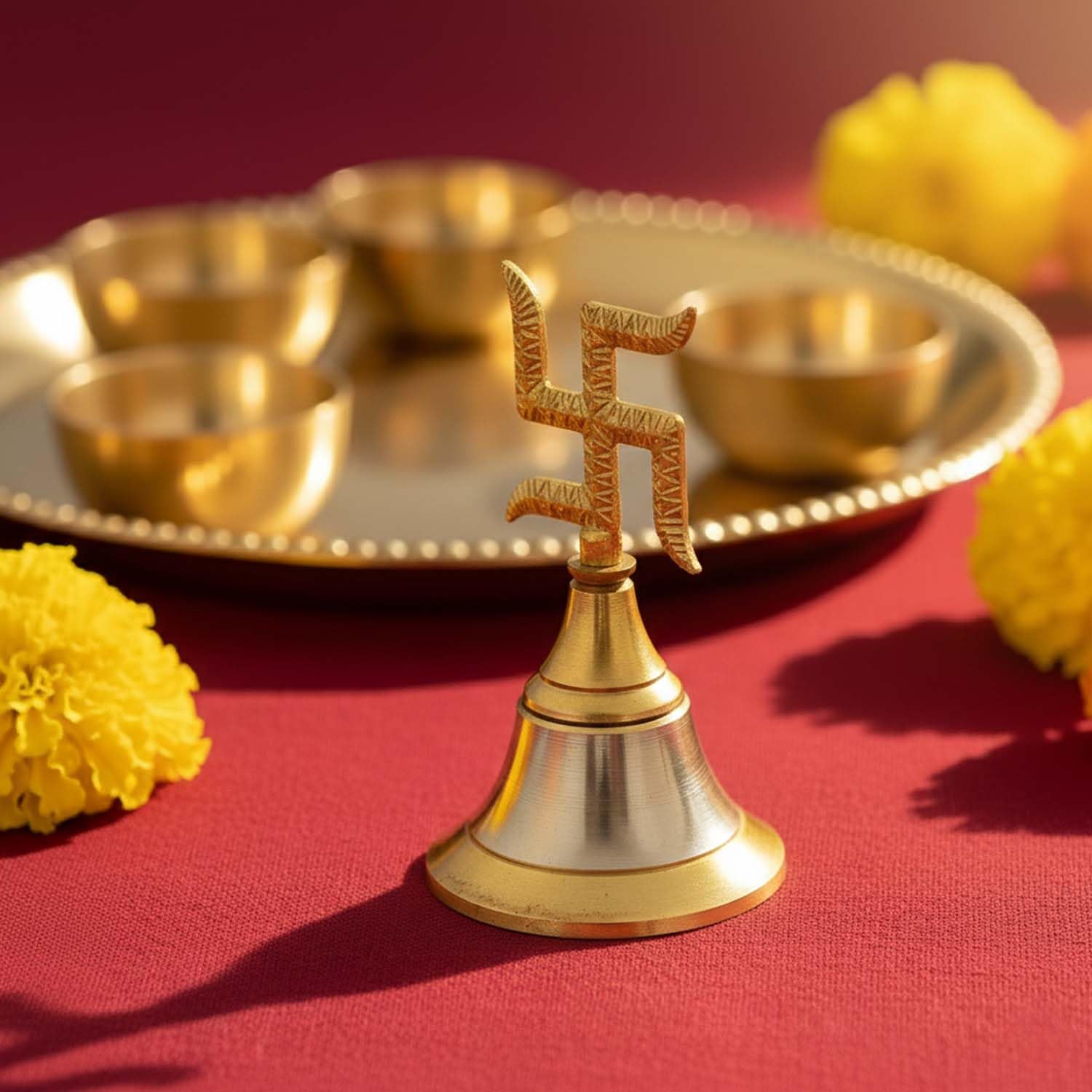 Ascension Metal Puja Bell with Auspicious Swastik Symbol Traditional Hindu Prayer Ghanti for Mandir, Aarti, Bhajan, Temple Rituals & Spiritual Home Decor Temple Bell Festive Decoration (Pack of 8) - Image 3