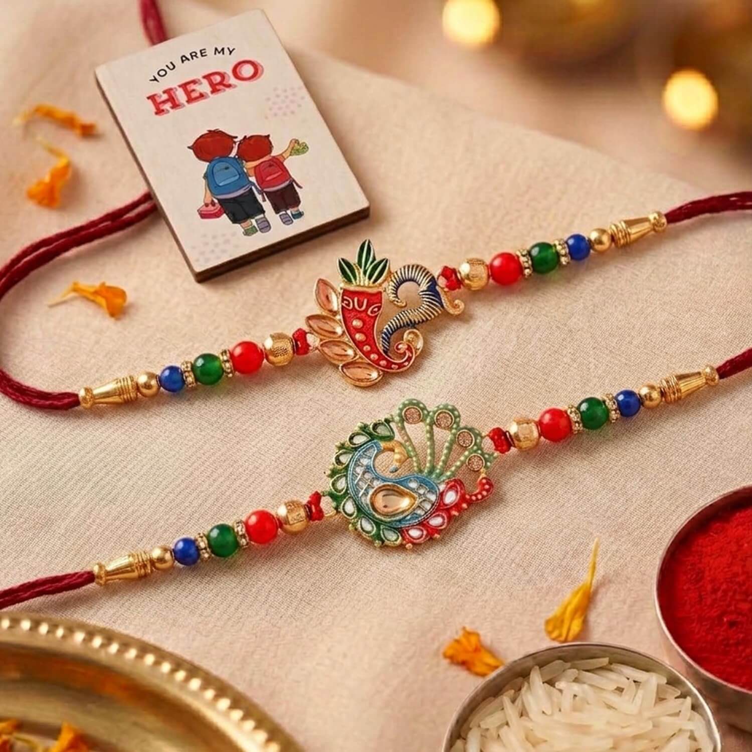 Ascension Designer Ganesha & Peacock Rakhi Set for Brother, Bhai Rakhi for Bhaiya & Sister Bracelet with Roli Tilak & You are My Hero Fridge Magnet for Raksha Bandhan Gift