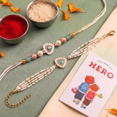 Ascension Evil Eye Rakhi for Bhaiya Bhabhi Couple Rakhi Set for Brother & Sister Bracelet with Roli Tilak & You are My Hero Fridge Magnet Nazar Protection Raksha Bandhan Gift
