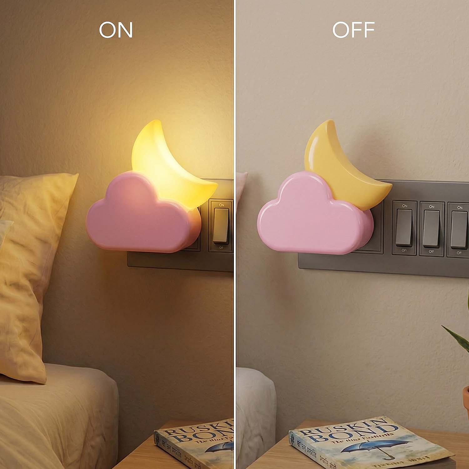 ascension Cute Moon & Cloud Plug-in Night Lamp with Switch Plug-in Wall Night Light Warm Soft Glow Decorative Light for Bedroom Hallway Kids Room Kids Birthday Party Return Gifts Item Random Color