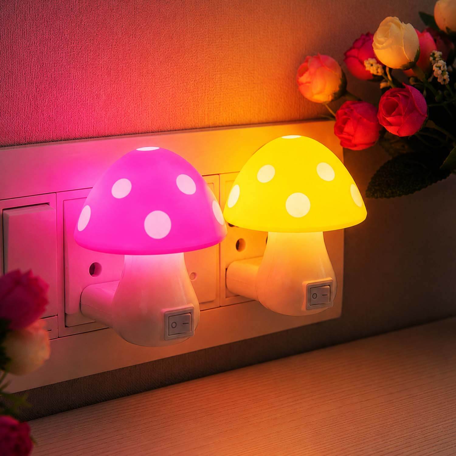 ascension Mushroom Night Light LED Wall Plug-in with Manual Toggle Switch Lamp for Kids Bedroom, Nursery, and Home Decor, Kids Favourite Birthday & Party Return Gifts (Random Colour) (Set of 2)