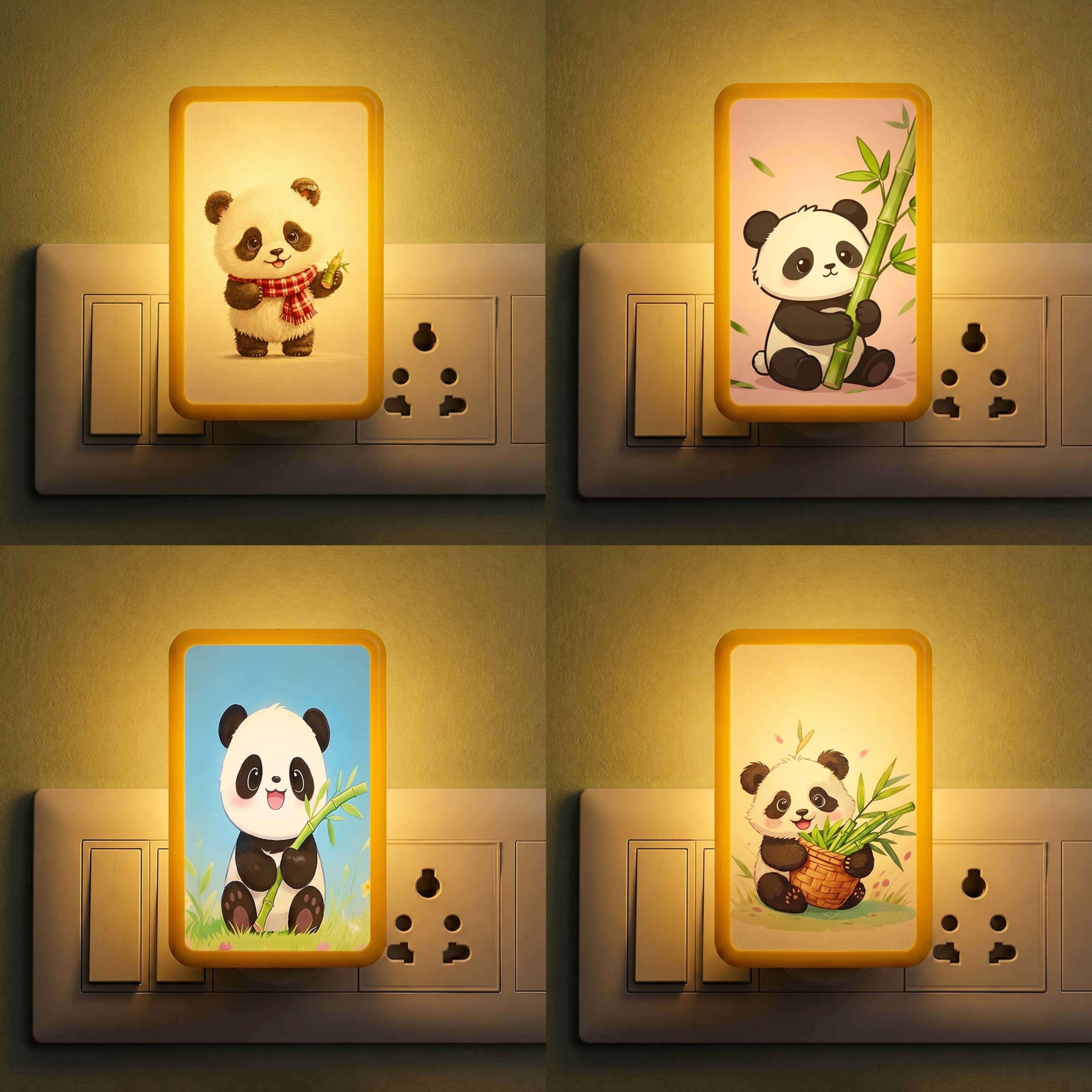 ascension 4 Pc Cute Panda LED Night Lamp with Switch, Plug-in Wall Night Light, Warm Soft Glow Decorative Light for Bedroom, Hallway, Kids Room Kids Birthday Party Return Gifts Item Assorted Design
