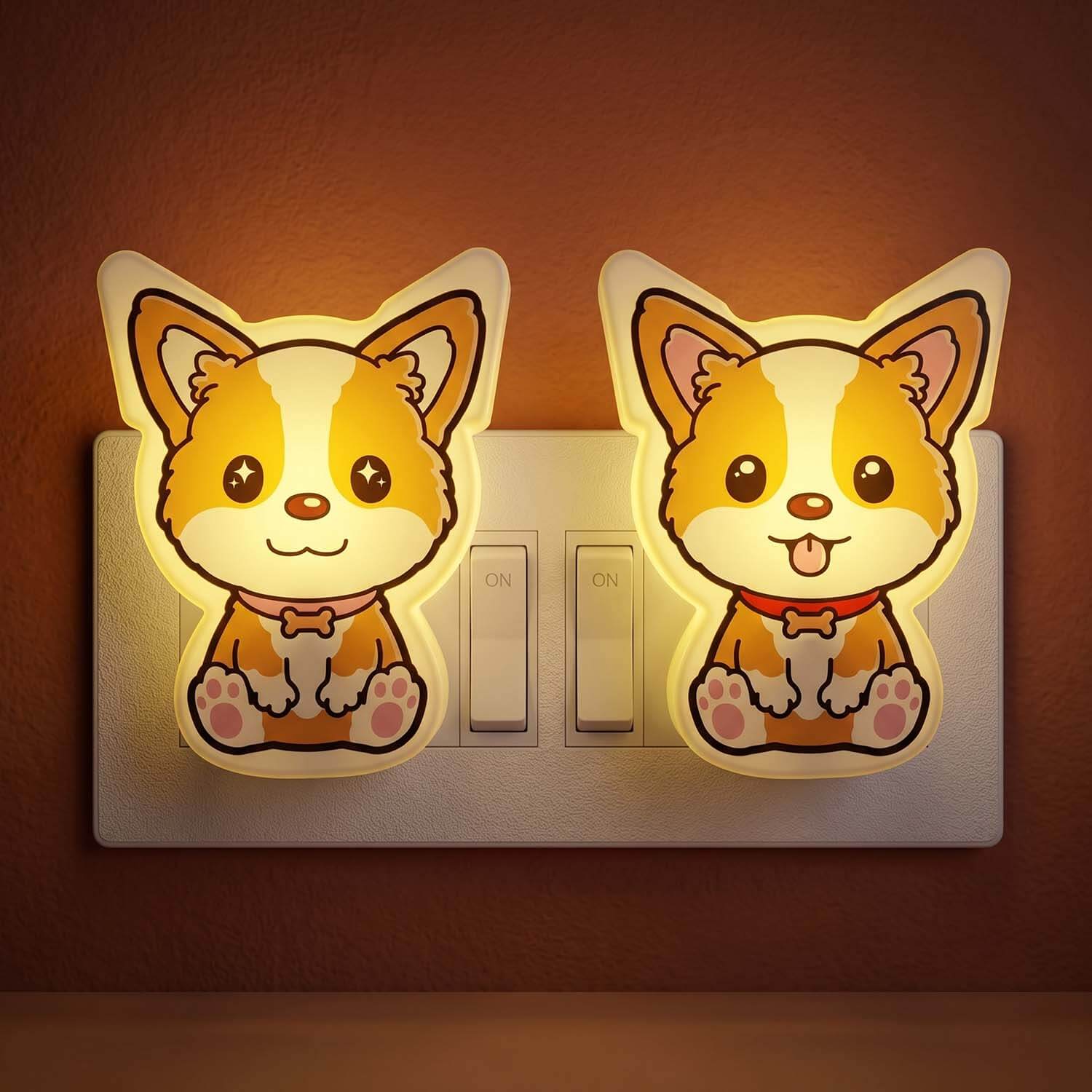 ascension 2 Pc Cute Puppy LED Night Lamp with Switch, Plug-in Wall Night Light, Warm Soft Glow Decorative Light for Bedroom, Hallway, Kids Room Kids Birthday Party Return Gifts Item Assorted Design