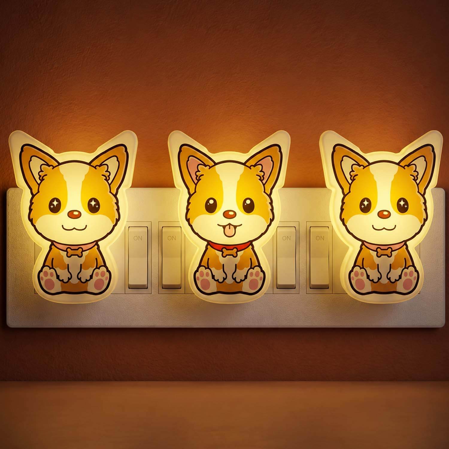 ascension 3 Pc Cute Puppy LED Night Lamp with Switch, Plug-in Wall Night Light, Warm Soft Glow Decorative Light for Bedroom, Hallway, Kids Room Kids Birthday Party Return Gifts Item Assorted Design