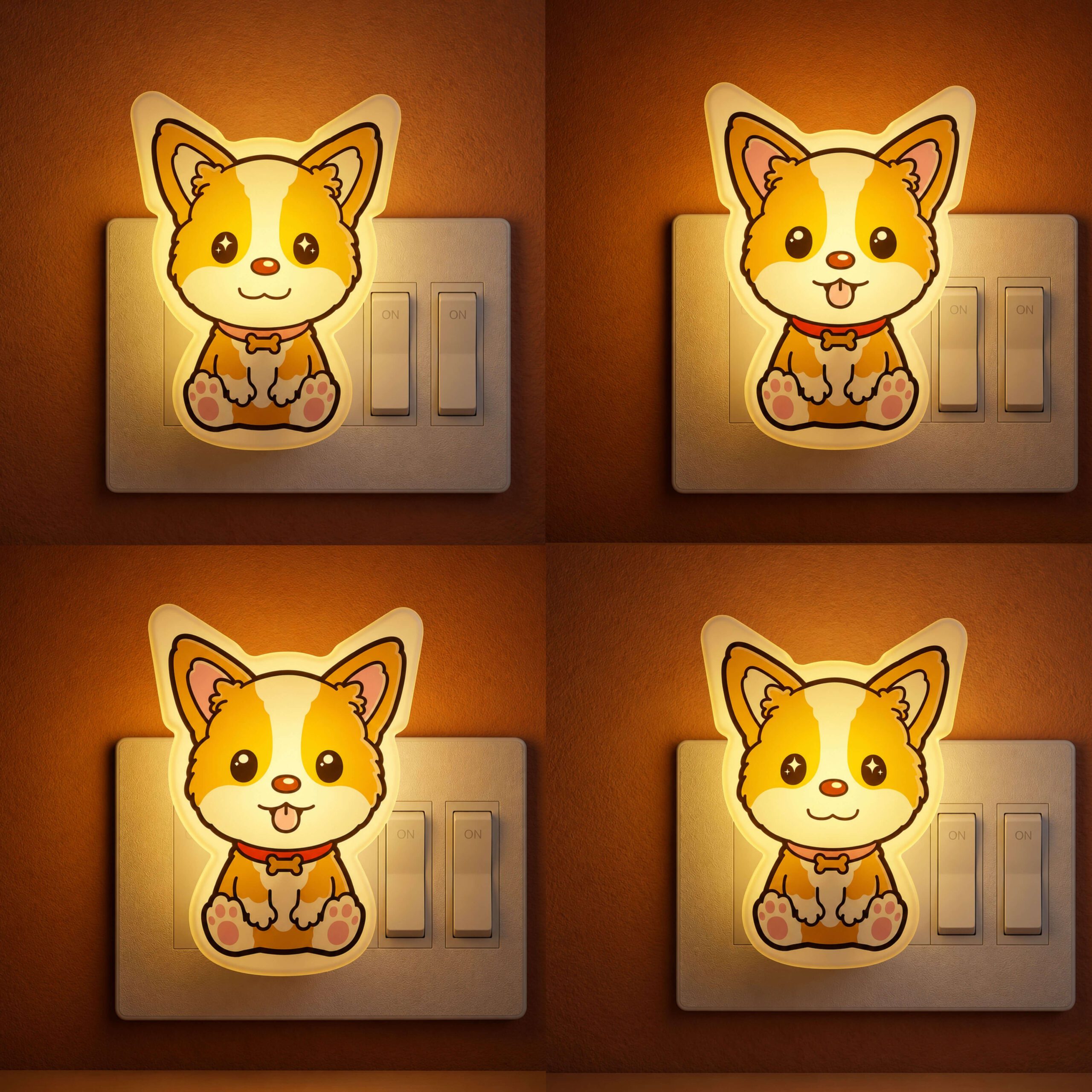 ascension 4 Pc Cute Puppy LED Night Lamp with Switch, Plug-in Wall Night Light, Warm Soft Glow Decorative Light for Bedroom, Hallway, Kids Room Kids Birthday Party Return Gifts Item Assorted Design