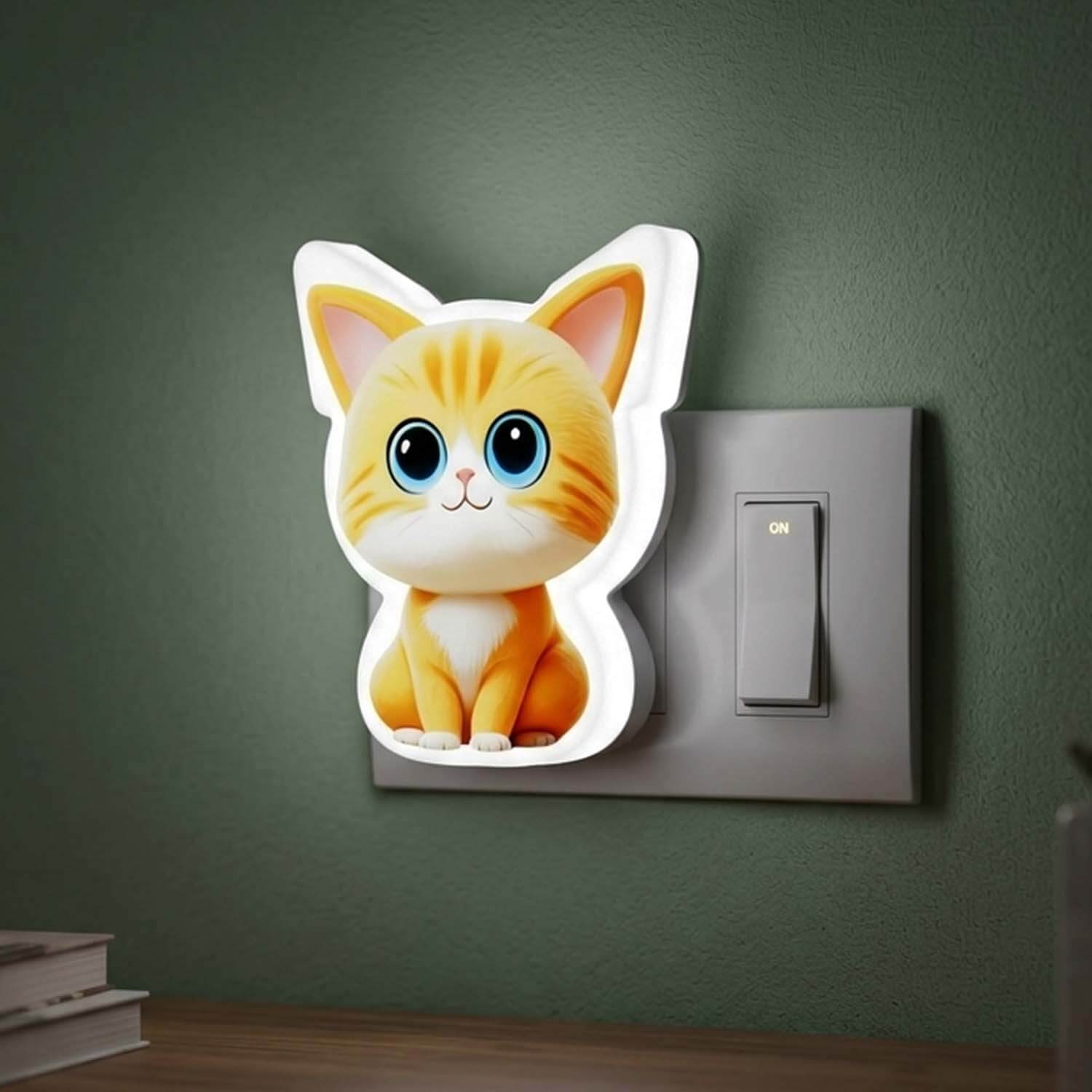 Cute Cartoon Cat LED Night Lamp Plug-in Wall Light Soft Glow Kids Bedroom Decor