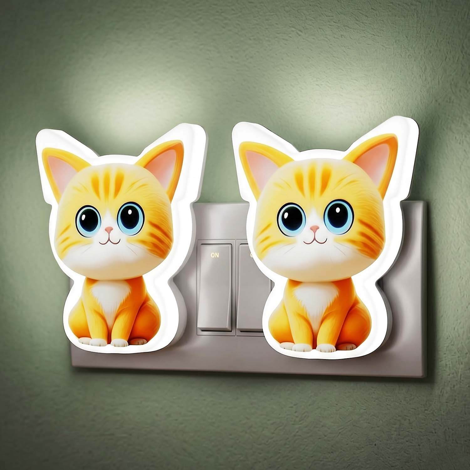 ascension 2 Pc Cute Cat LED Night Lamp with Switch, Plug-in Wall Night Light, Warm Soft Glow Decorative Light for Bedroom, Hallway, Kids Room Kids Birthday Party Return Gifts Item Assorted Design