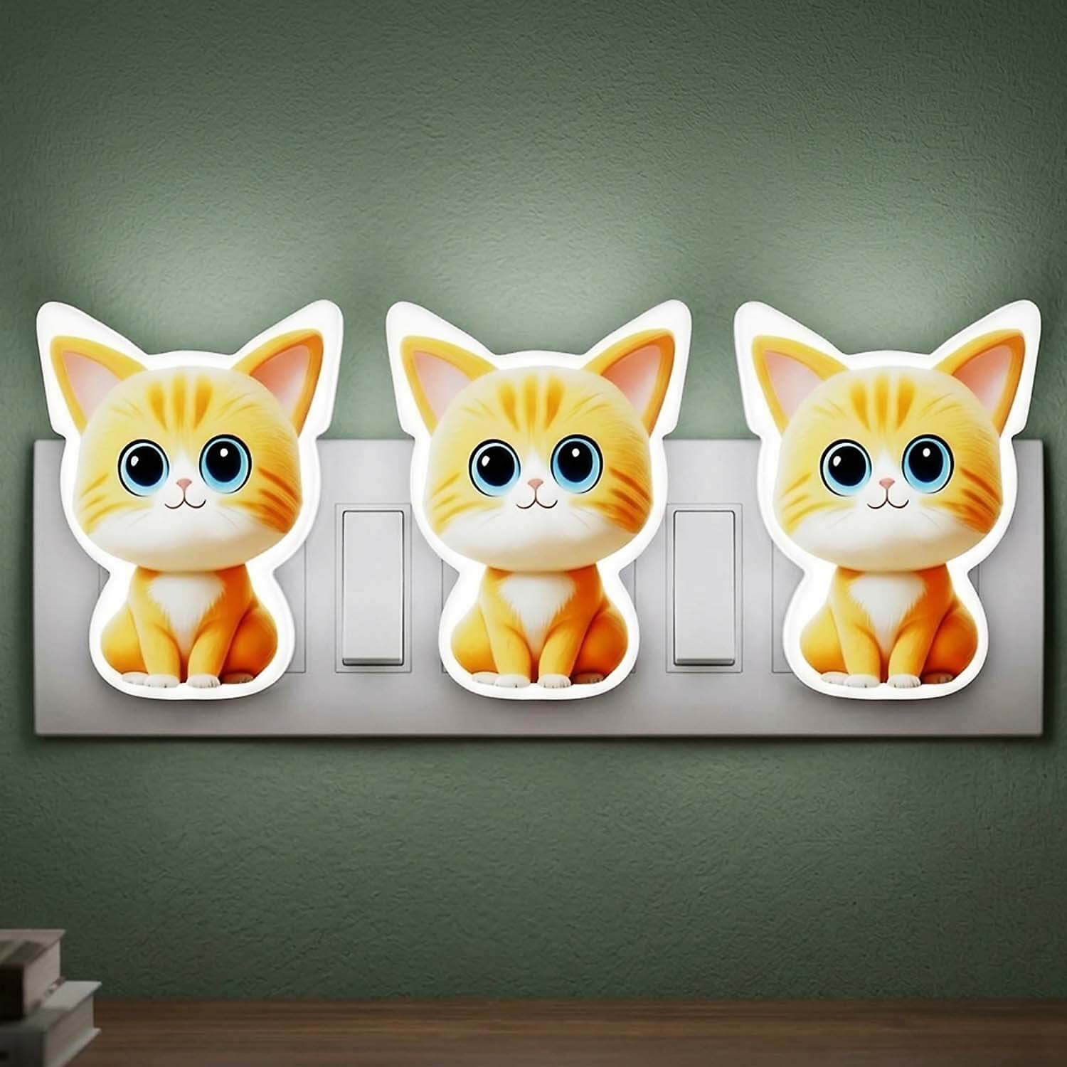 ascension 3 Pc Cute Cat LED Night Lamp with Switch, Plug-in Wall Night Light, Warm Soft Glow Decorative Light for Bedroom, Hallway, Kids Room Kids Birthday Party Return Gifts Item Assorted Design