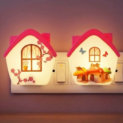 ascension 2 Pc House Shape LED Night Lamp with Switch, Plug-in Wall Night Light, Warm Soft Glow Decorative Light for Bedroom, Hallway, Kids Room Kids Birthday Party Return Gifts Item Assorted Design