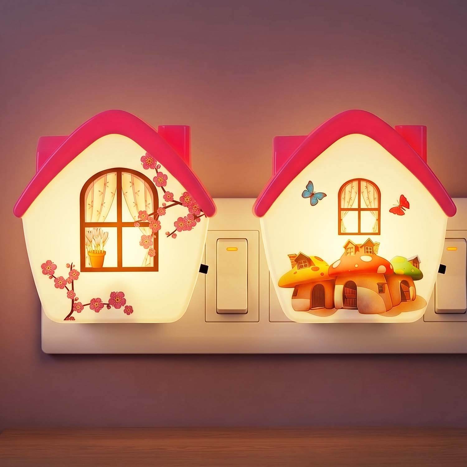 ascension 2 Pc House Shape LED Night Lamp with Switch, Plug-in Wall Night Light, Warm Soft Glow Decorative Light for Bedroom, Hallway, Kids Room Kids Birthday Party Return Gifts Item Assorted Design