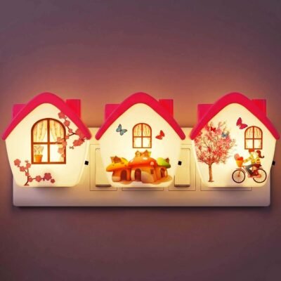 ascension 3 Pc House Shape LED Night Lamp with Switch, Plug-in Wall Night Light, Warm Soft Glow Decorative Light for Bedroom, Hallway, Kids Room Kids Birthday Party Return Gifts Item Assorted Design