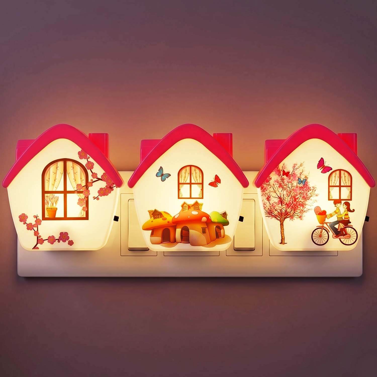 ascension 3 Pc House Shape LED Night Lamp with Switch, Plug-in Wall Night Light, Warm Soft Glow Decorative Light for Bedroom, Hallway, Kids Room Kids Birthday Party Return Gifts Item Assorted Design