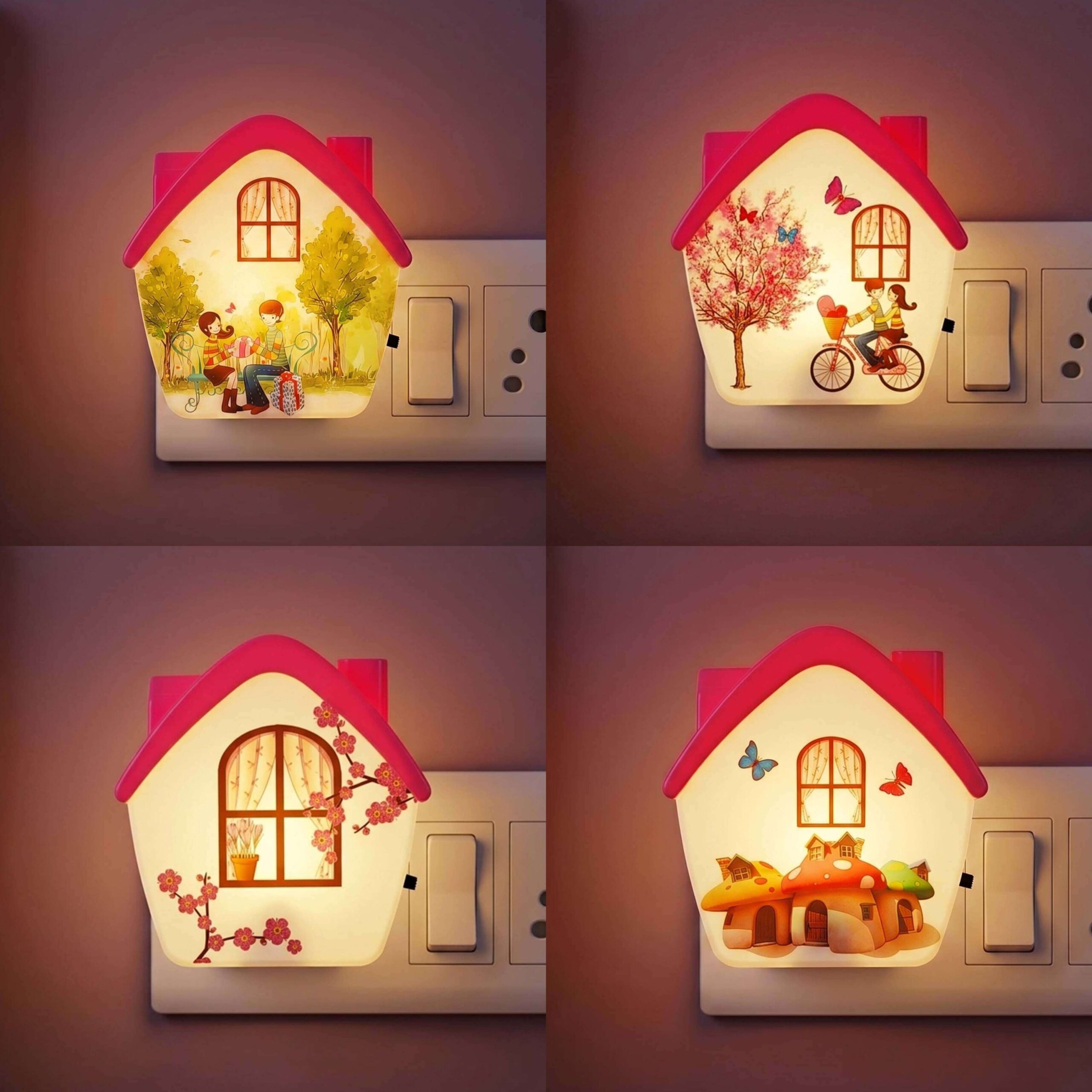 ascension 4 Pc House Shape LED Night Lamp with Switch, Plug-in Wall Night Light, Warm Soft Glow Decorative Light for Bedroom, Hallway, Kids Room Kids Birthday Party Return Gifts Item Assorted Design