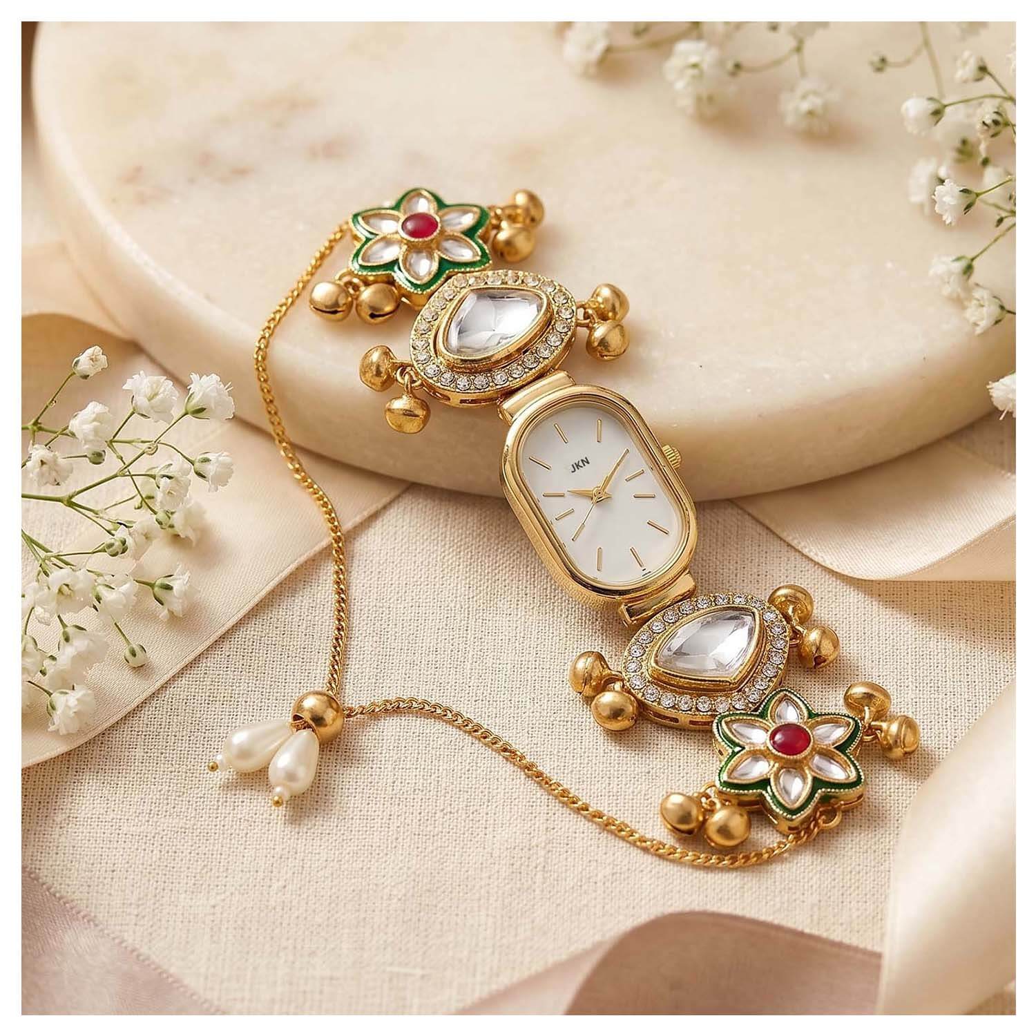 Ascension Premium Designer Kashmiri Watch Rakhi with Kundan & Pearl Detailing Raksha Bandhan Gift Band Bracelet for Bhabhi Sister Girls Rakhi Raksha bandhan Gift