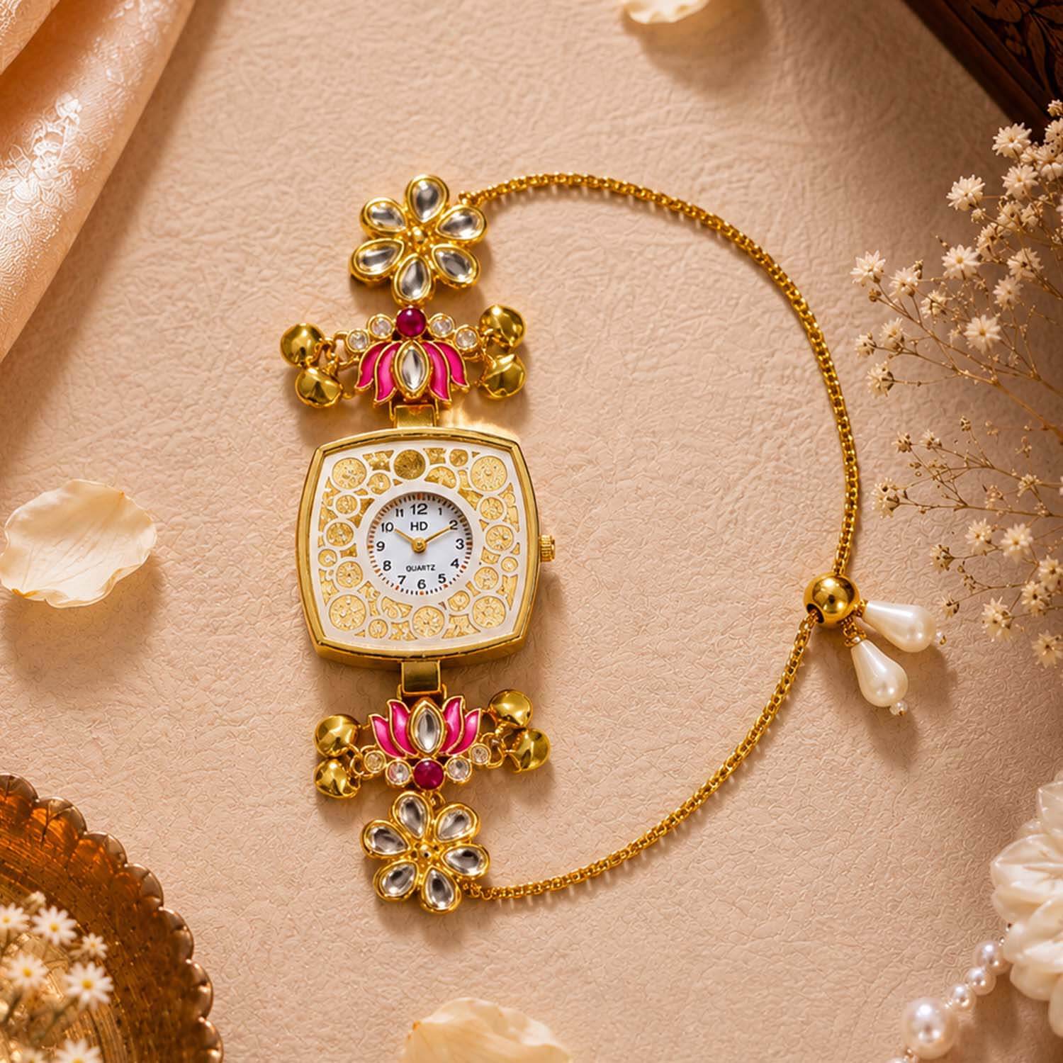 Ascension Premium Designer Kashmiri Watch Rakhi with Kundan & Pearl Detailing Elegant Floral Kundan Wristwatch with Adjustable Pearl Chain Best for Raksha Bandhan Gift Band Bracelet for Bhabhi Sister