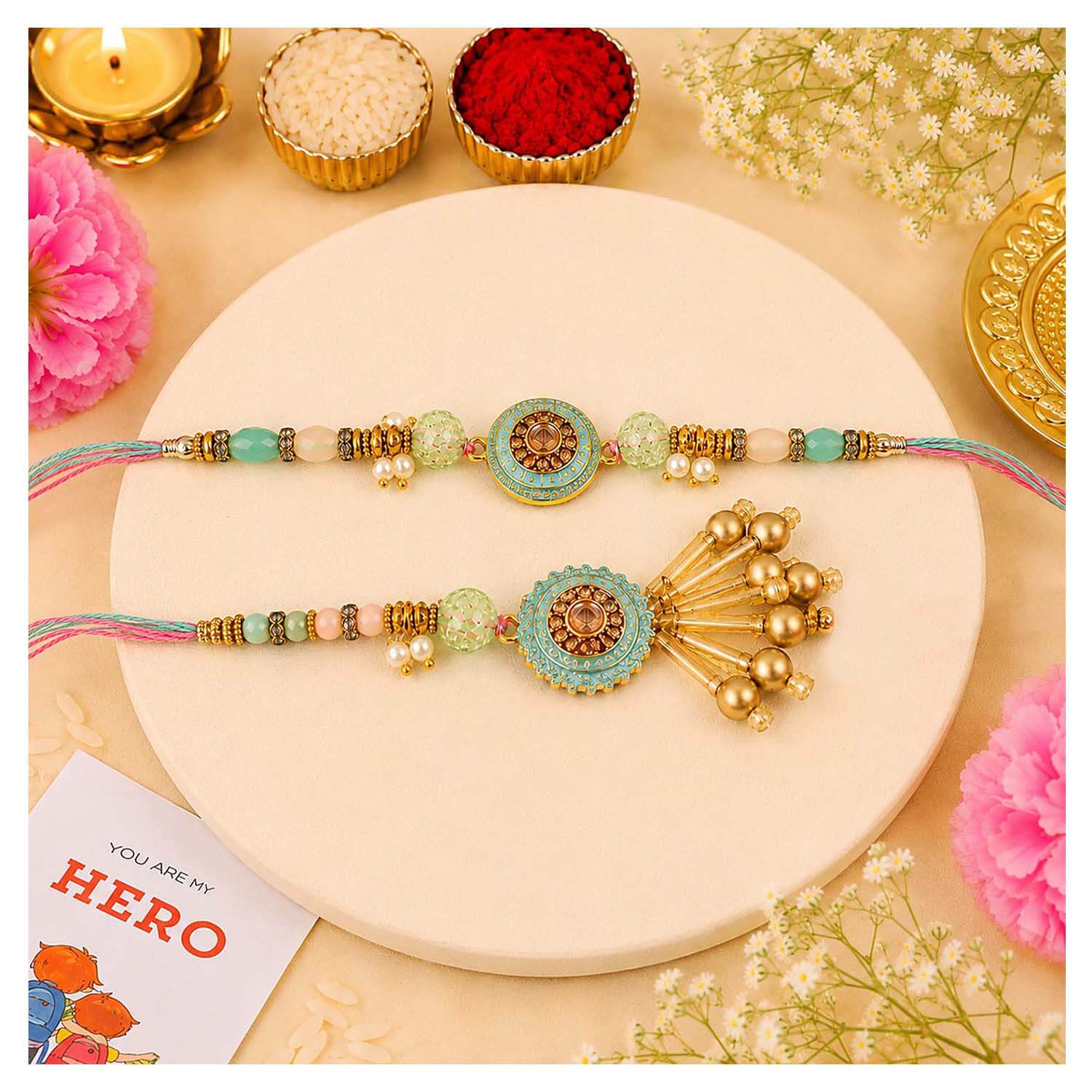 Ascension Designer Rakhi for Bhaiya Bhabhi Couple Rakhi Set for Brother & Sister Bracelet with Roli Tilak & You are My Hero Fridge Magnet for Raksha Bandhan Gift