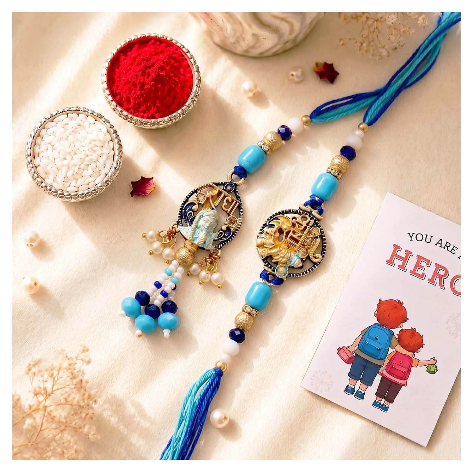 Ascension Radha Krishna Design Rakhi for Bhaiya Bhabhi Couple Rakhi Set for Brother & Sister Bracelet with Roli Tilak & You are My Hero Fridge Magnet for Raksha Bandhan Gift