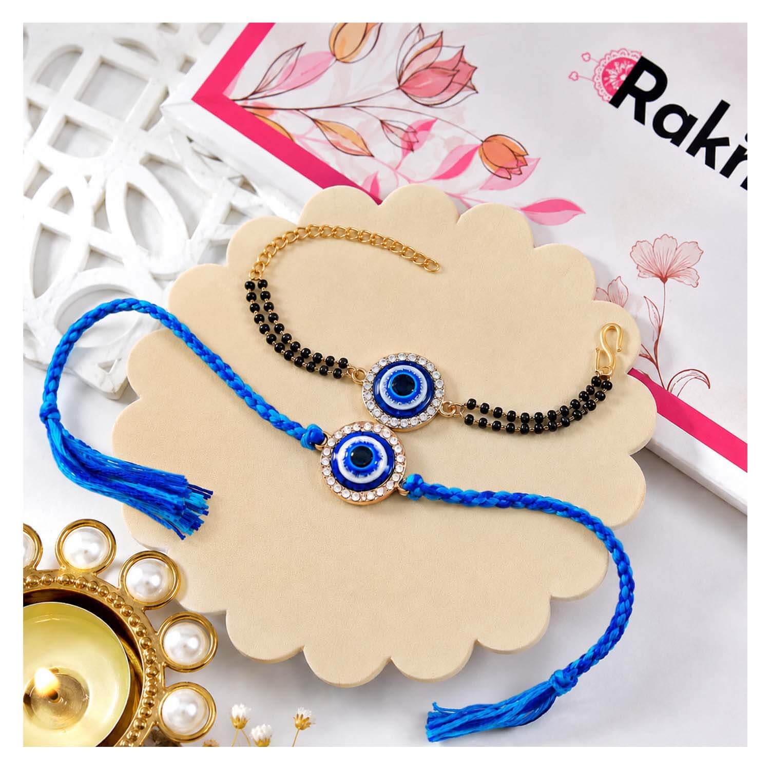 Ascension Evil Eye Rakhi for Bhaiya Bhabhi Couple Rakhi Set for Brother & Sister Bracelet with Roli Tilak & You are My Hero Fridge Magnet for Raksha Bandhan Gift