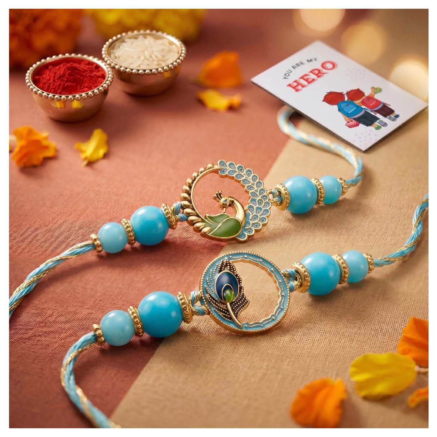 Ascension Set of 2 Designer Peacock Rakhi Set for Brother, Bhai Rakhi for Bhaiya & Sister Bracelet with Roli Tilak & You are My Hero Fridge Magnet for Raksha Bandhan Gift