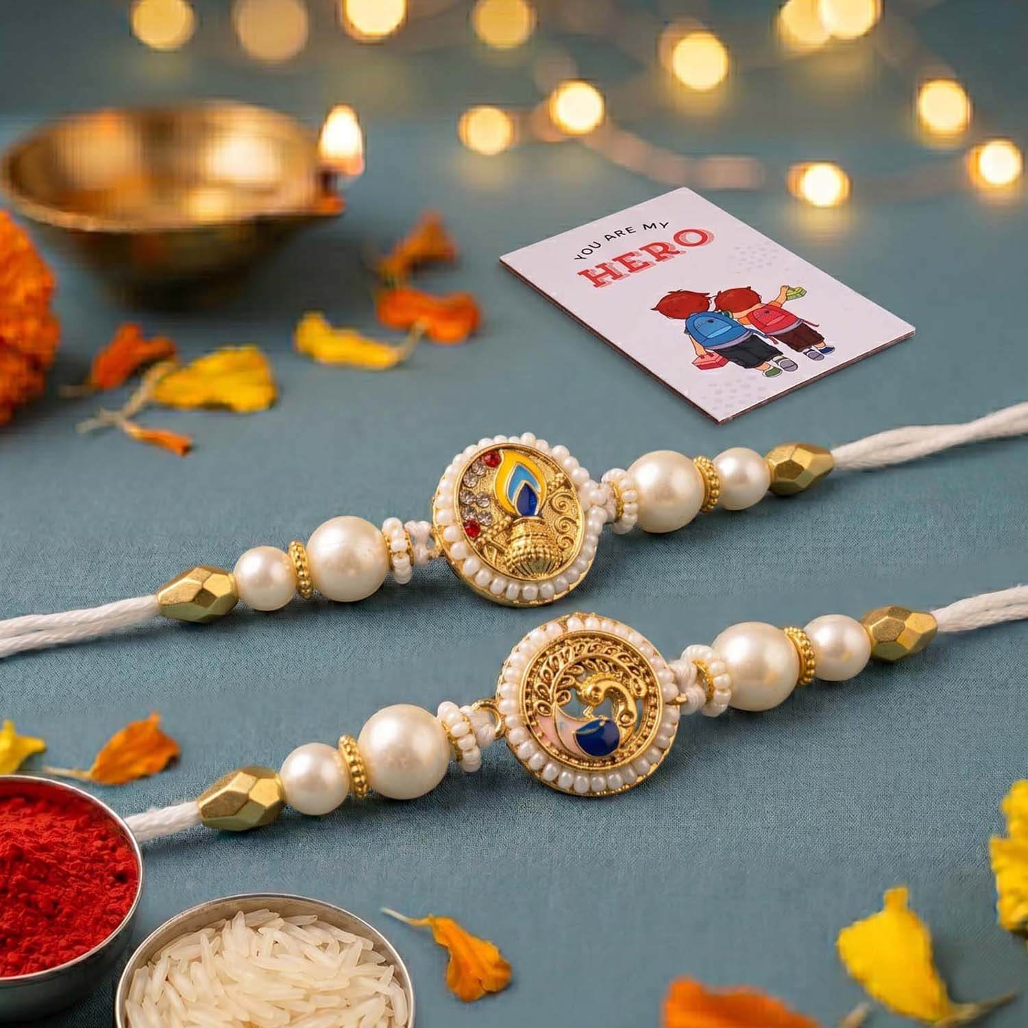 Ascension Designer Diya & Peacock Rakhi Set for Brother, Bhai Rakhi for Bhaiya & Sister Bracelet with Roli Tilak & You are My Hero Fridge Magnet for Raksha Bandhan Gift