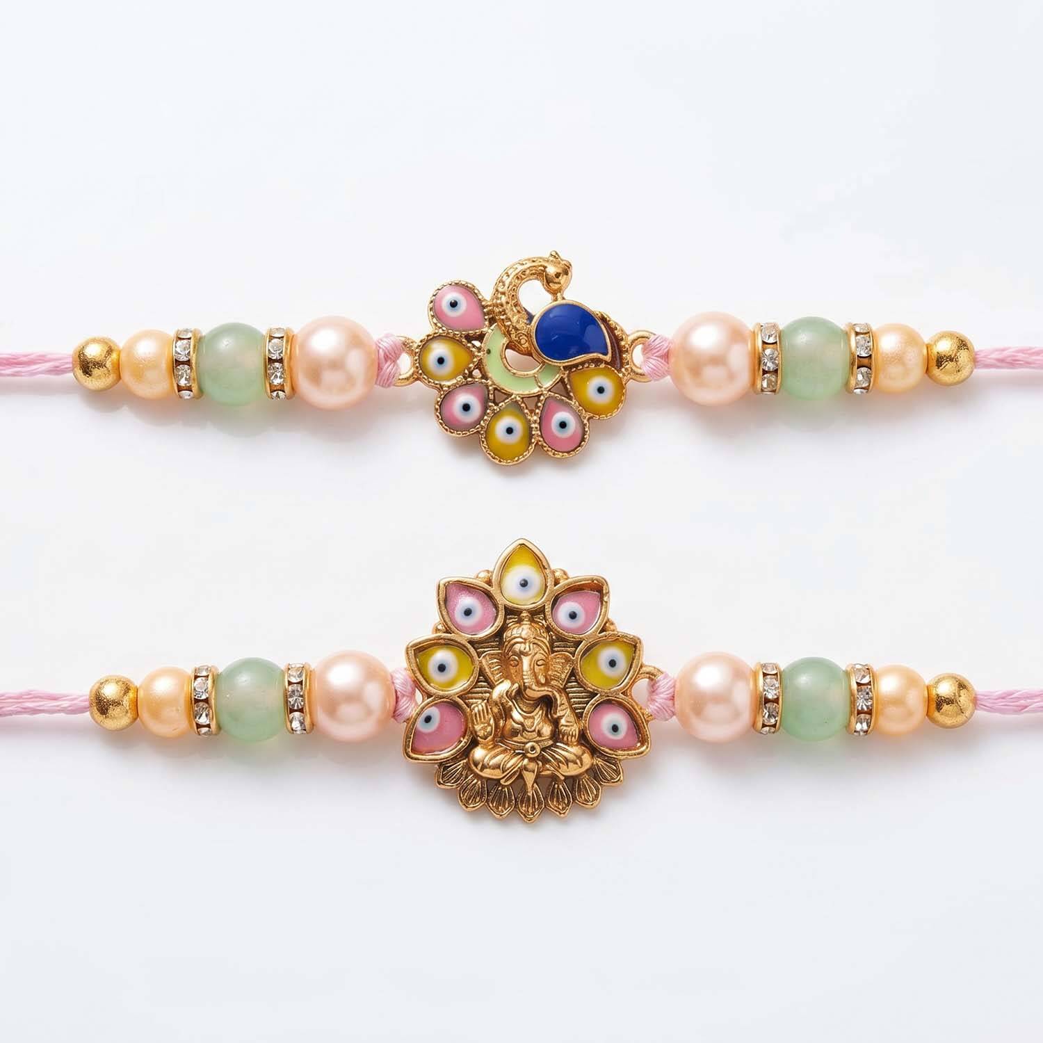 Ascension Designer Ganesha & Peacock Rakhi Set for Brother, Bhai Rakhi for Bhaiya & Sister Bracelet with Roli Tilak & You are My Hero Fridge Magnet for Raksha Bandhan Gift - Image 2