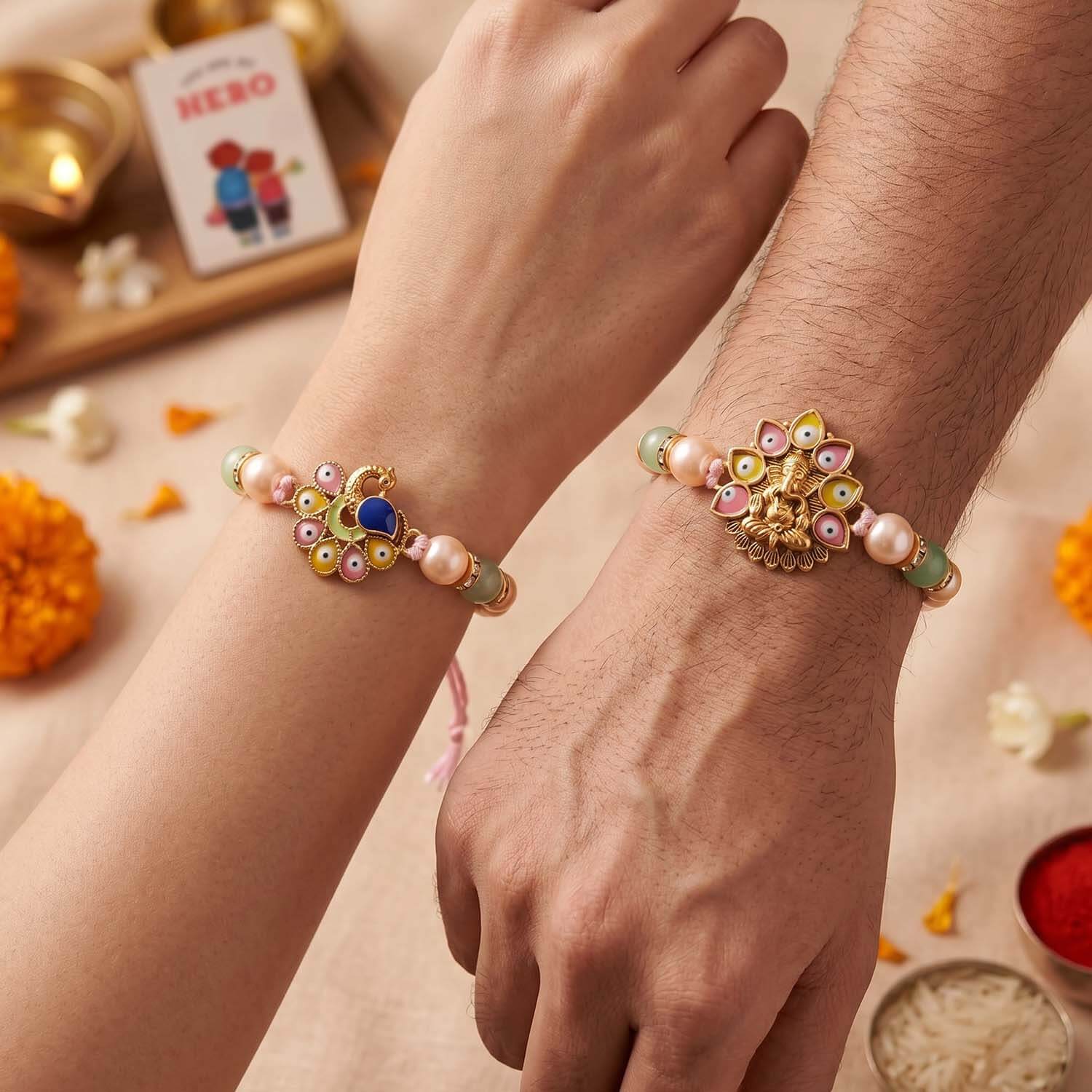 Ascension Designer Ganesha & Peacock Rakhi Set for Brother, Bhai Rakhi for Bhaiya & Sister Bracelet with Roli Tilak & You are My Hero Fridge Magnet for Raksha Bandhan Gift - Image 3