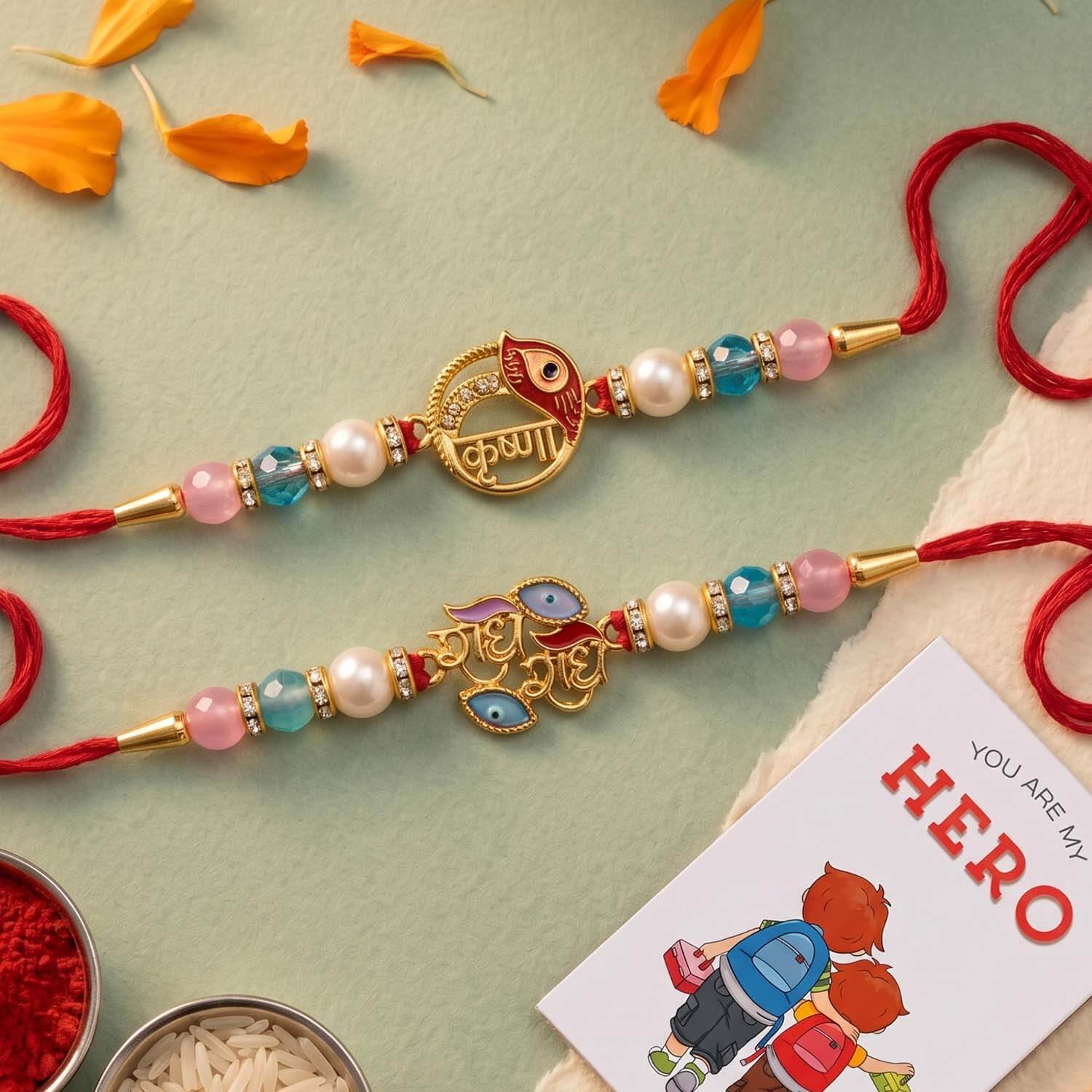 Ascension Designer Krishna & Radhe Radhe Rakhi Set for Brother, Bhai Rakhi for Bhaiya & Sister Bracelet with Roli Tilak & You are My Hero Fridge Magnet for Raksha Bandhan Gift